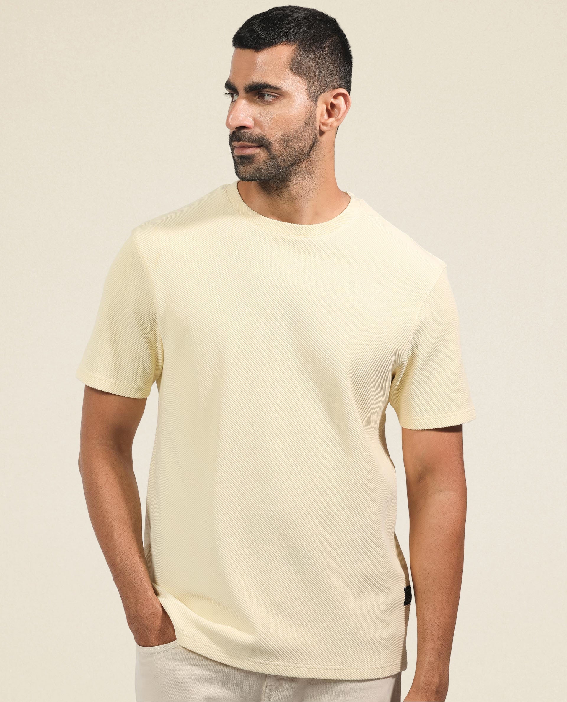 Rare Rabbit Men's Cas Light Yellow Crew Neck Ottoman Textured Drop Shoulder Half Sleeves T-Shirt