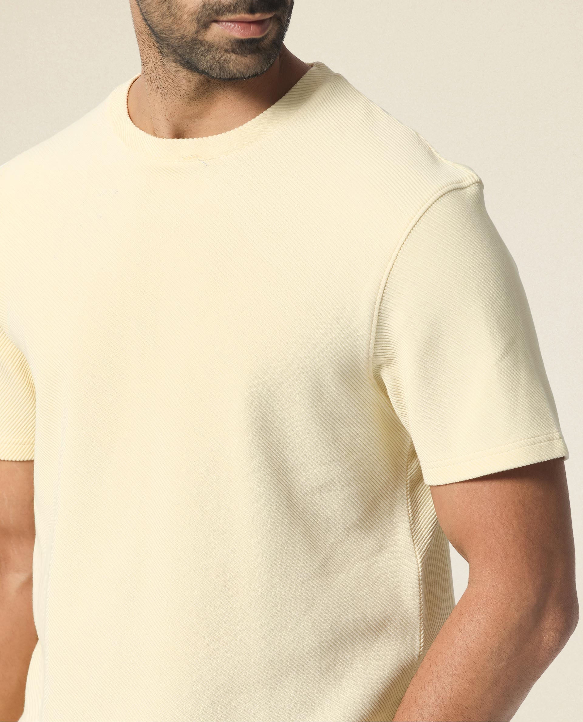 Rare Rabbit Men's Cas Light Yellow Crew Neck Ottoman Textured Drop Shoulder Half Sleeves T-Shirt