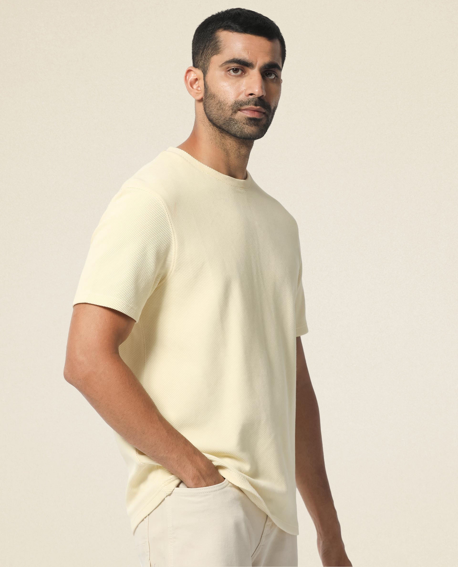 Rare Rabbit Men's Cas Light Yellow Crew Neck Ottoman Textured Drop Shoulder Half Sleeves T-Shirt