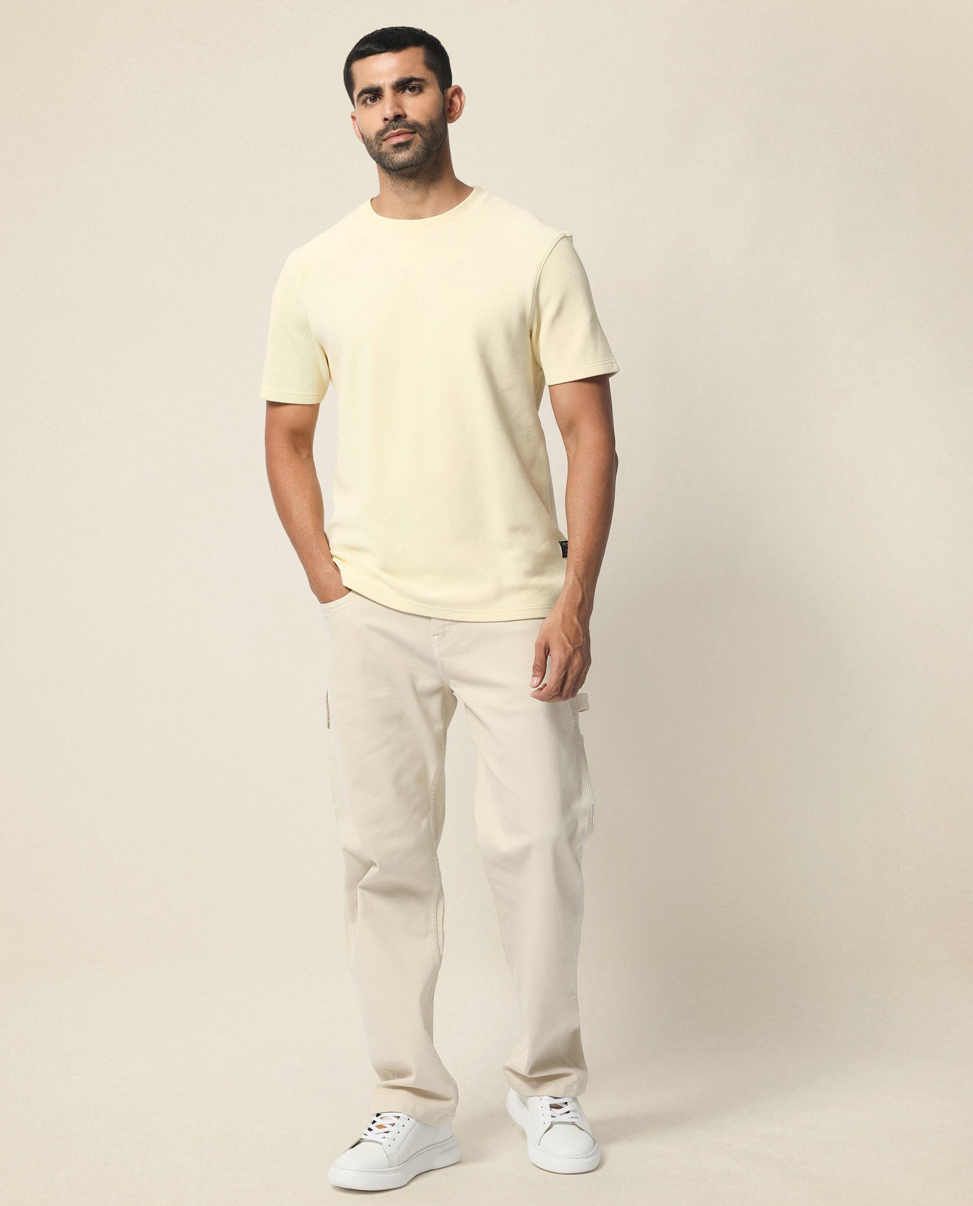 Rare Rabbit Men's Cas Light Yellow Crew Neck Ottoman Textured Drop Shoulder Half Sleeves T-Shirt