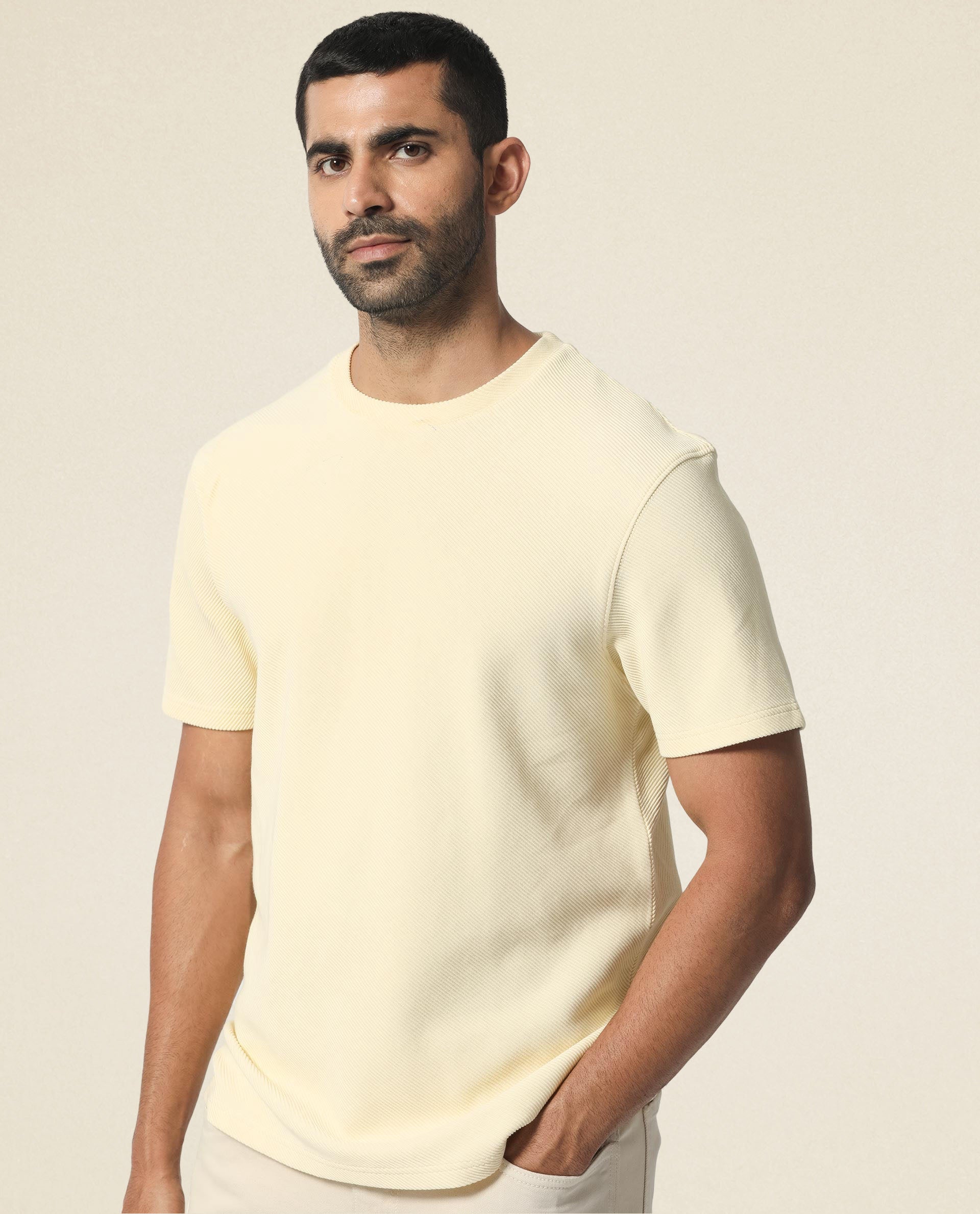Rare Rabbit Men's Cas Light Yellow Crew Neck Ottoman Textured Drop Shoulder Half Sleeves T-Shirt