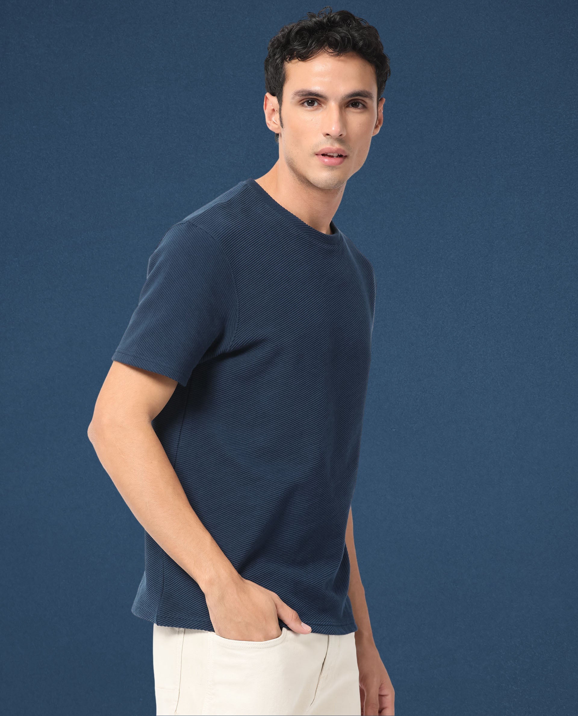 Rare Rabbit Men's Cas Petrol Solid Crew Neck Ottoman Textured Drop Shoulder Half Sleeves T-Shirt