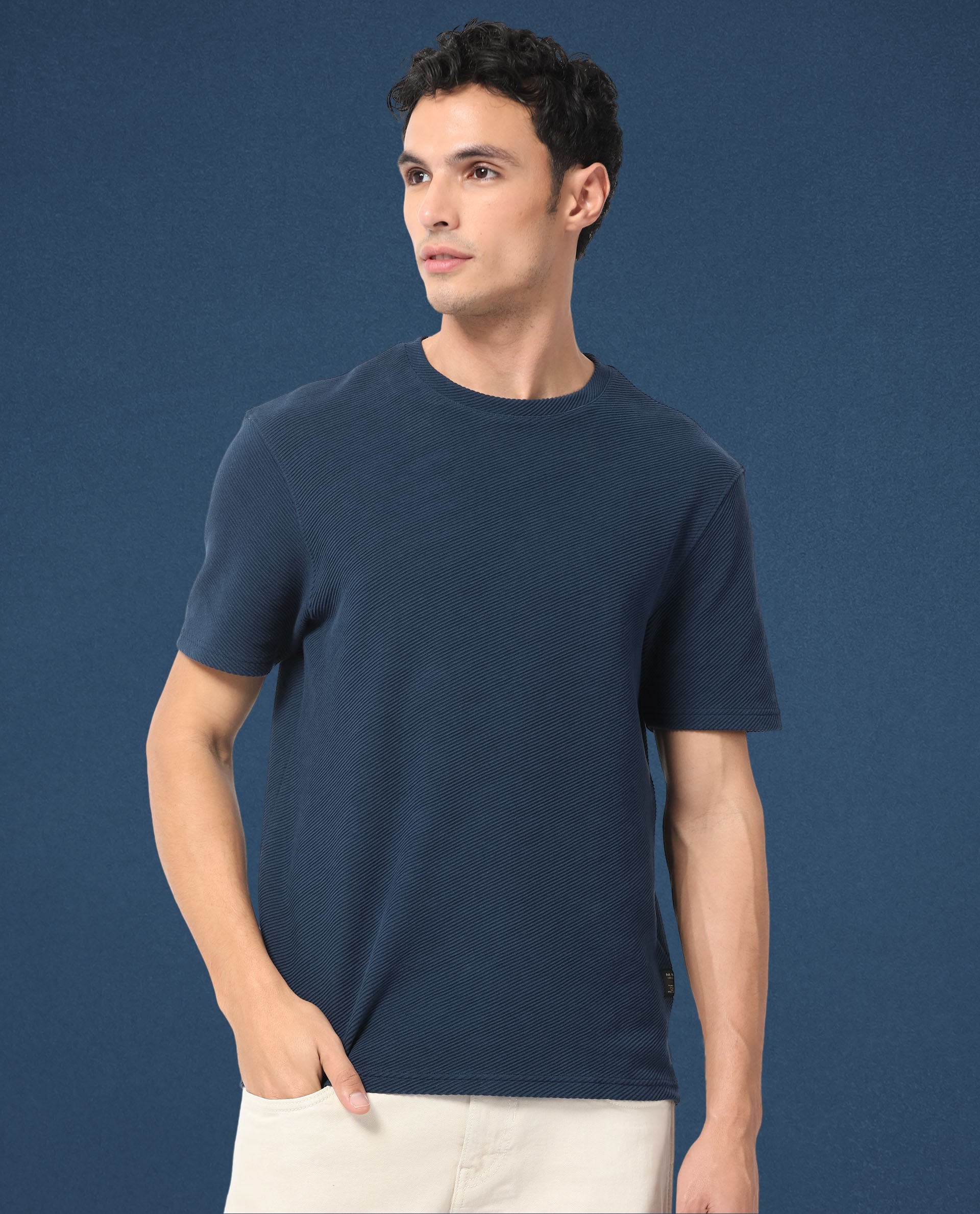 Rare Rabbit Men's Cas Petrol Solid Crew Neck Ottoman Textured Drop Shoulder Half Sleeves T-Shirt