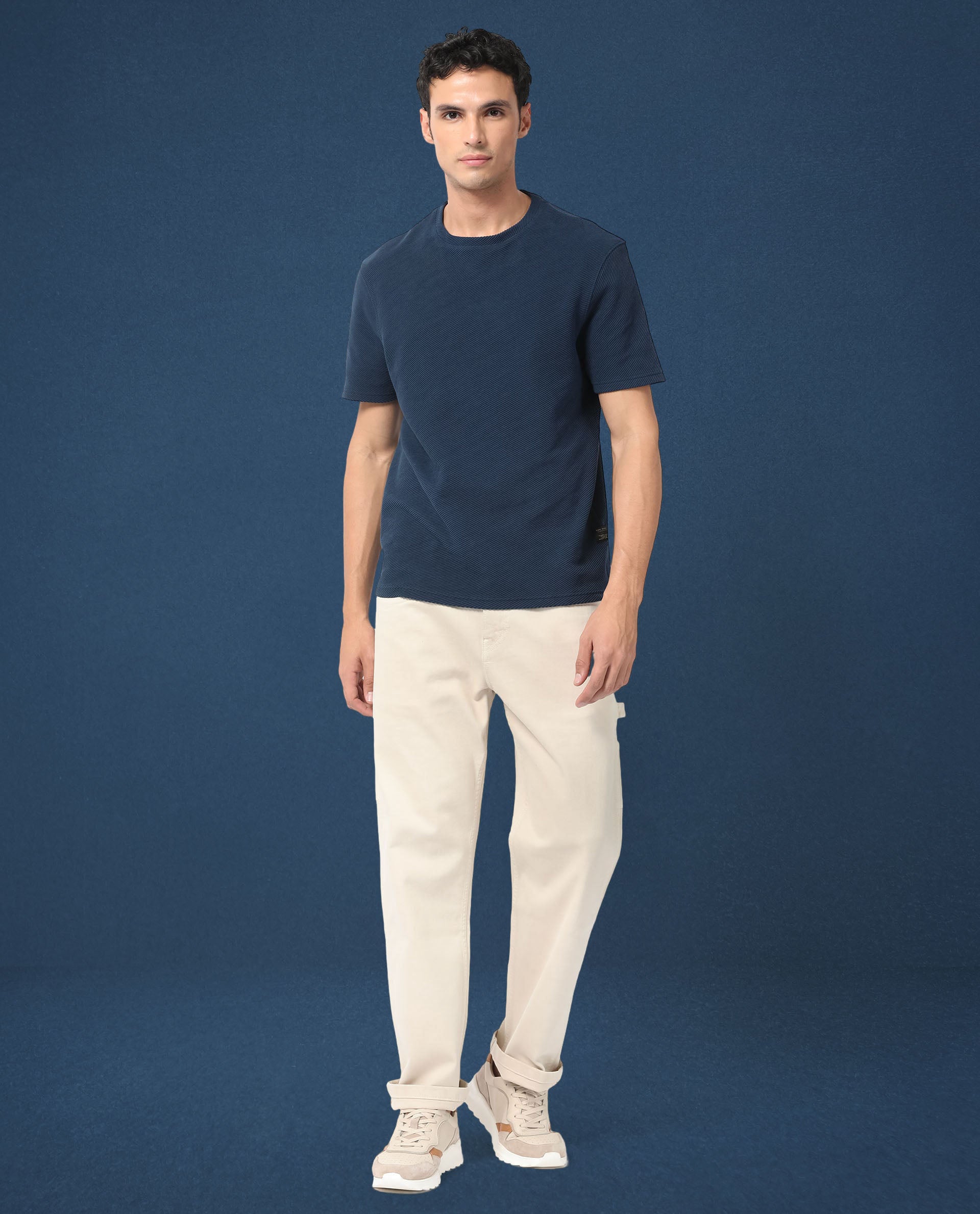 Rare Rabbit Men's Cas Petrol Solid Crew Neck Ottoman Textured Drop Shoulder Half Sleeves T-Shirt