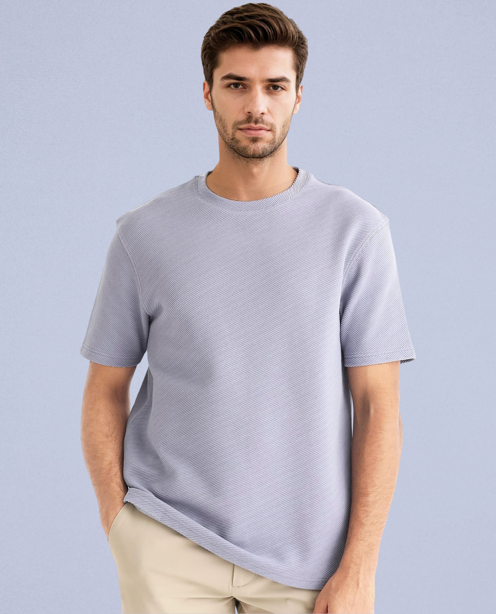 Rare Rabbit Men's Cas Purple Crew Neck Ottoman Textured Drop Shoulder Half Sleeves T-Shirt