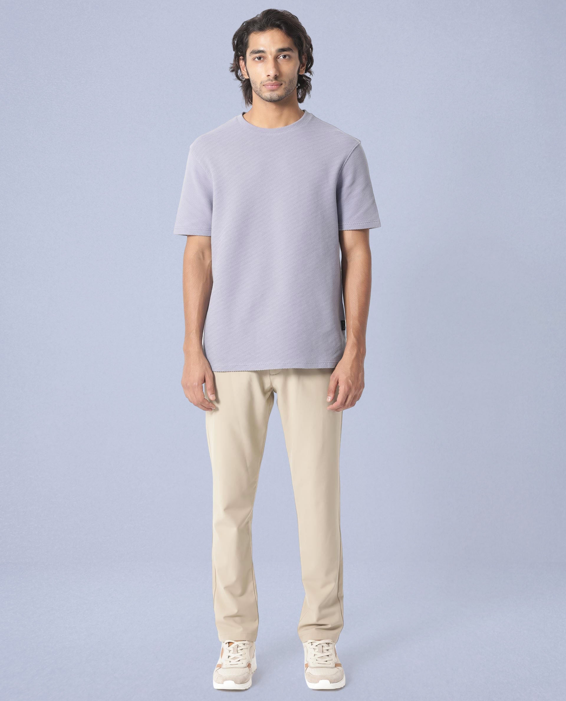 Rare Rabbit Men's Cas Purple Crew Neck Ottoman Textured Drop Shoulder Half Sleeves T-Shirt