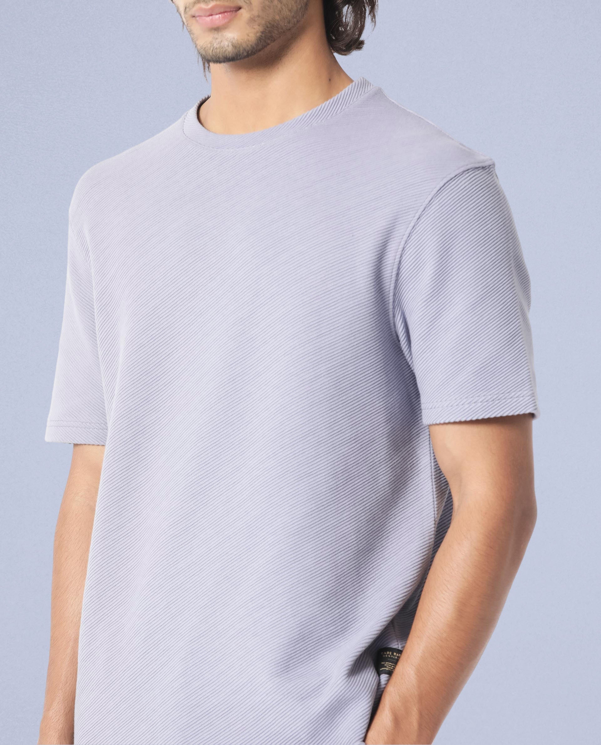 Rare Rabbit Men's Cas Purple Crew Neck Ottoman Textured Drop Shoulder Half Sleeves T-Shirt