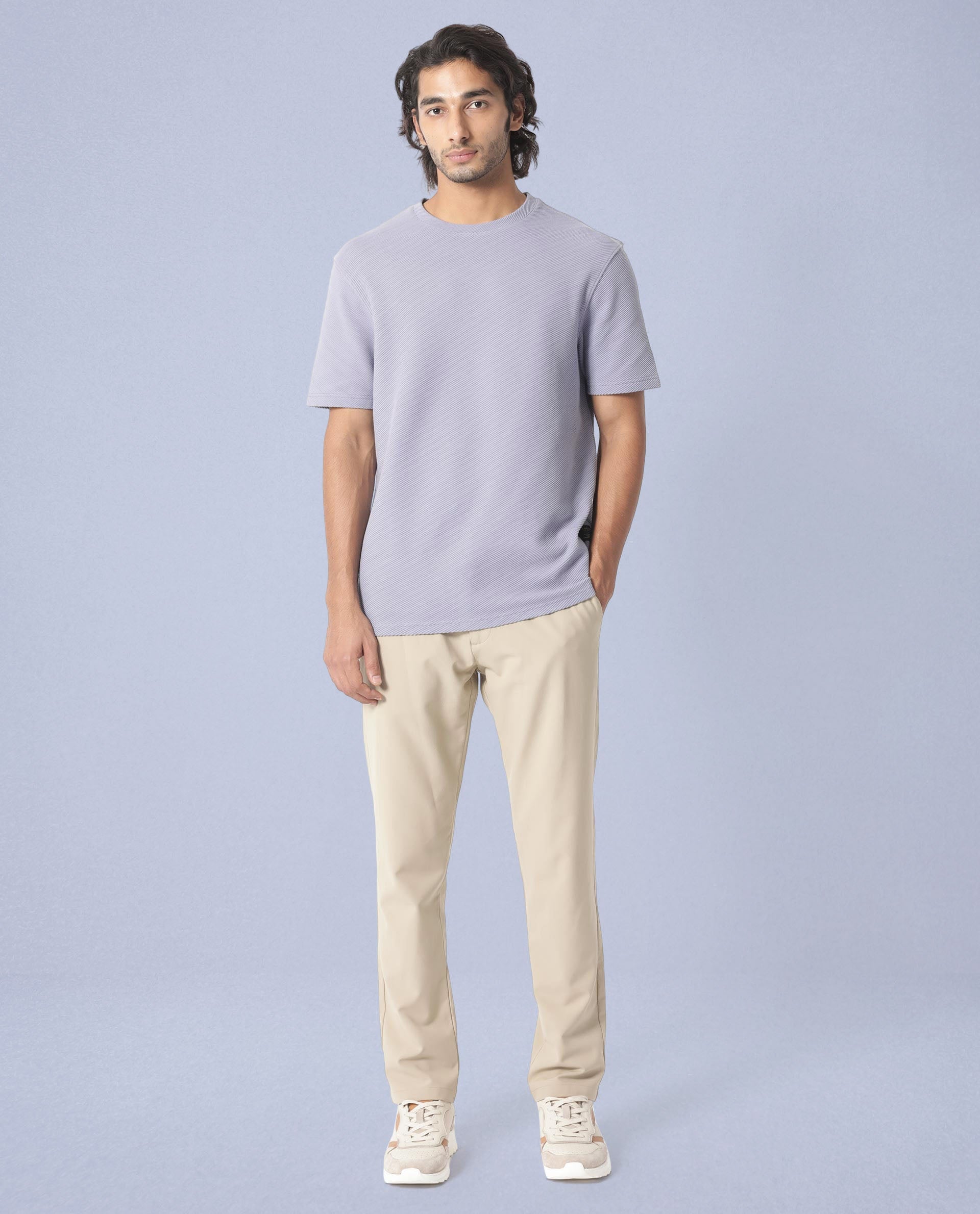 Rare Rabbit Men's Cas Purple Crew Neck Ottoman Textured Drop Shoulder Half Sleeves T-Shirt