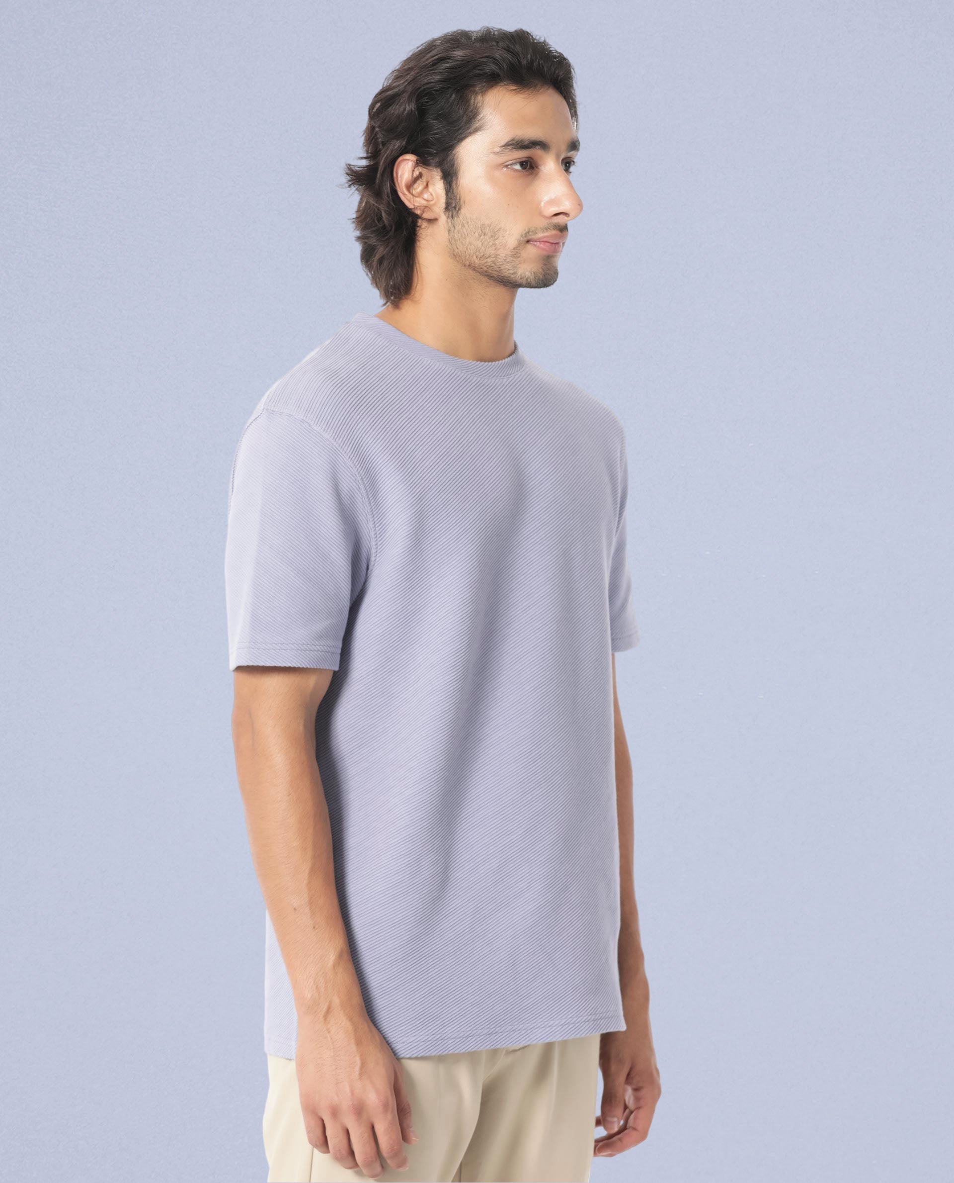 Rare Rabbit Men's Cas Purple Crew Neck Ottoman Textured Drop Shoulder Half Sleeves T-Shirt