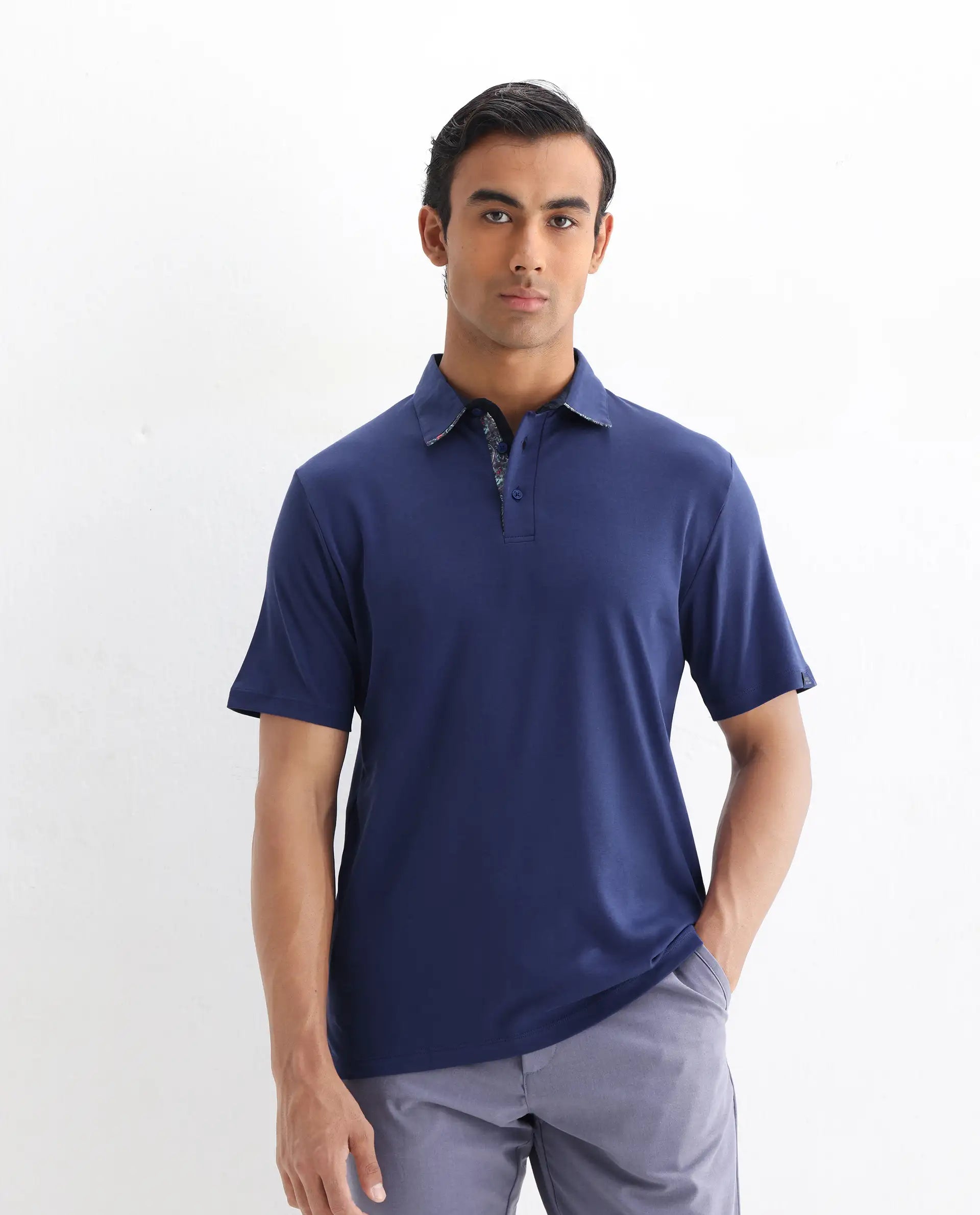 Rare Rabbit Men's Casca Dark Blue Cotton Plain Regular Fit Half Sleeve Polo