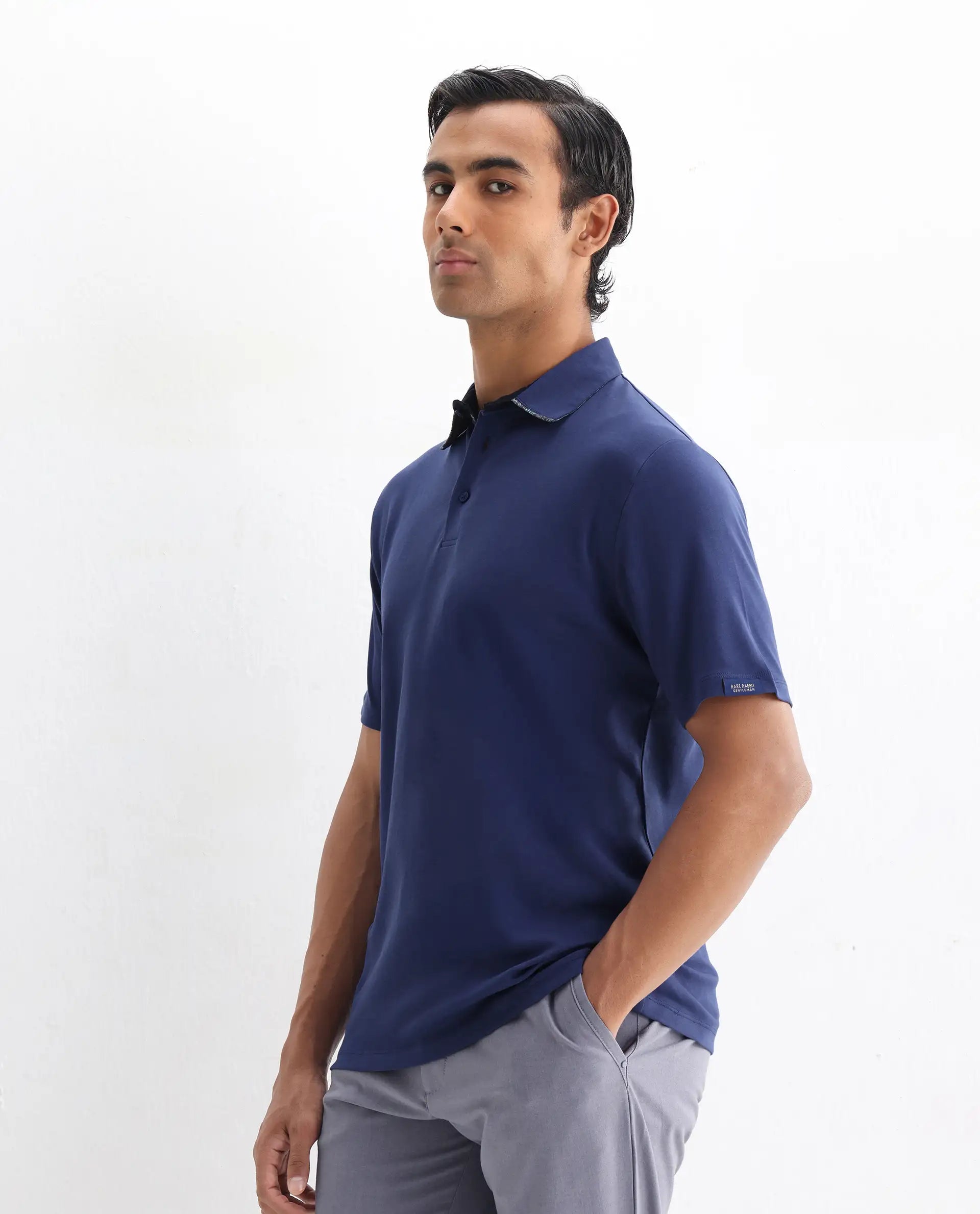 Rare Rabbit Men's Casca Dark Blue Cotton Plain Regular Fit Half Sleeve Polo