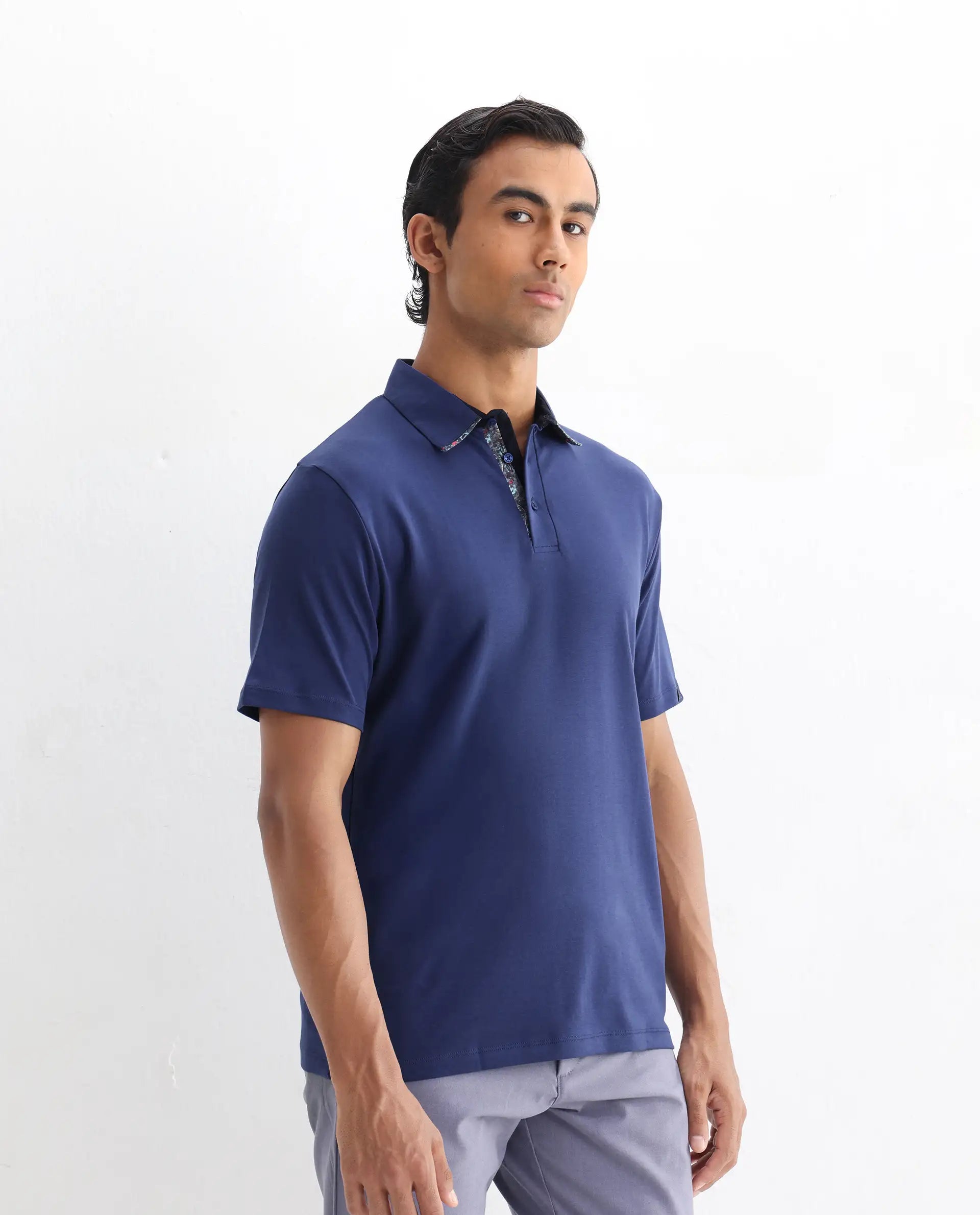 Rare Rabbit Men's Casca Dark Blue Cotton Plain Regular Fit Half Sleeve Polo