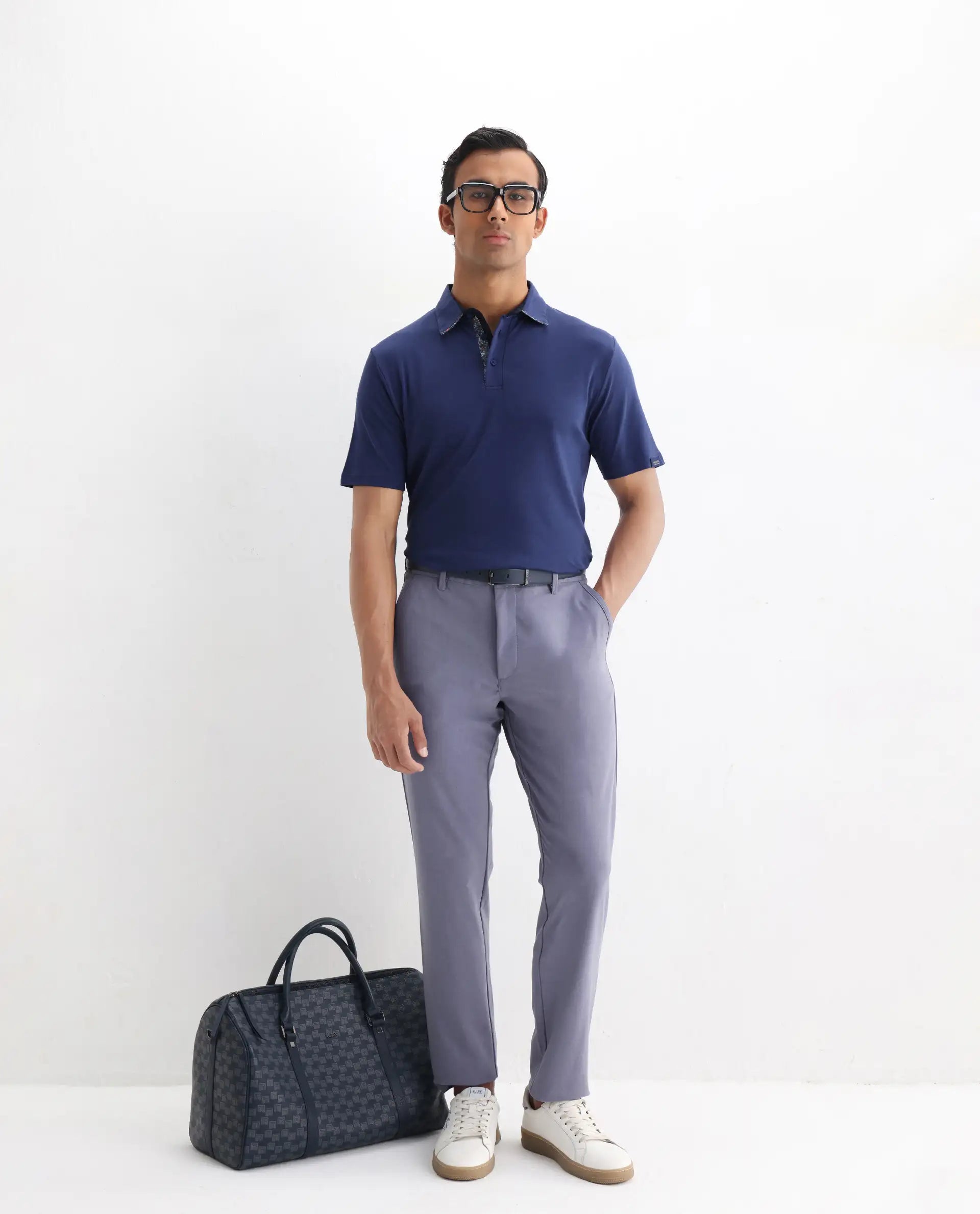 Rare Rabbit Men's Casca Dark Blue Cotton Plain Regular Fit Half Sleeve Polo