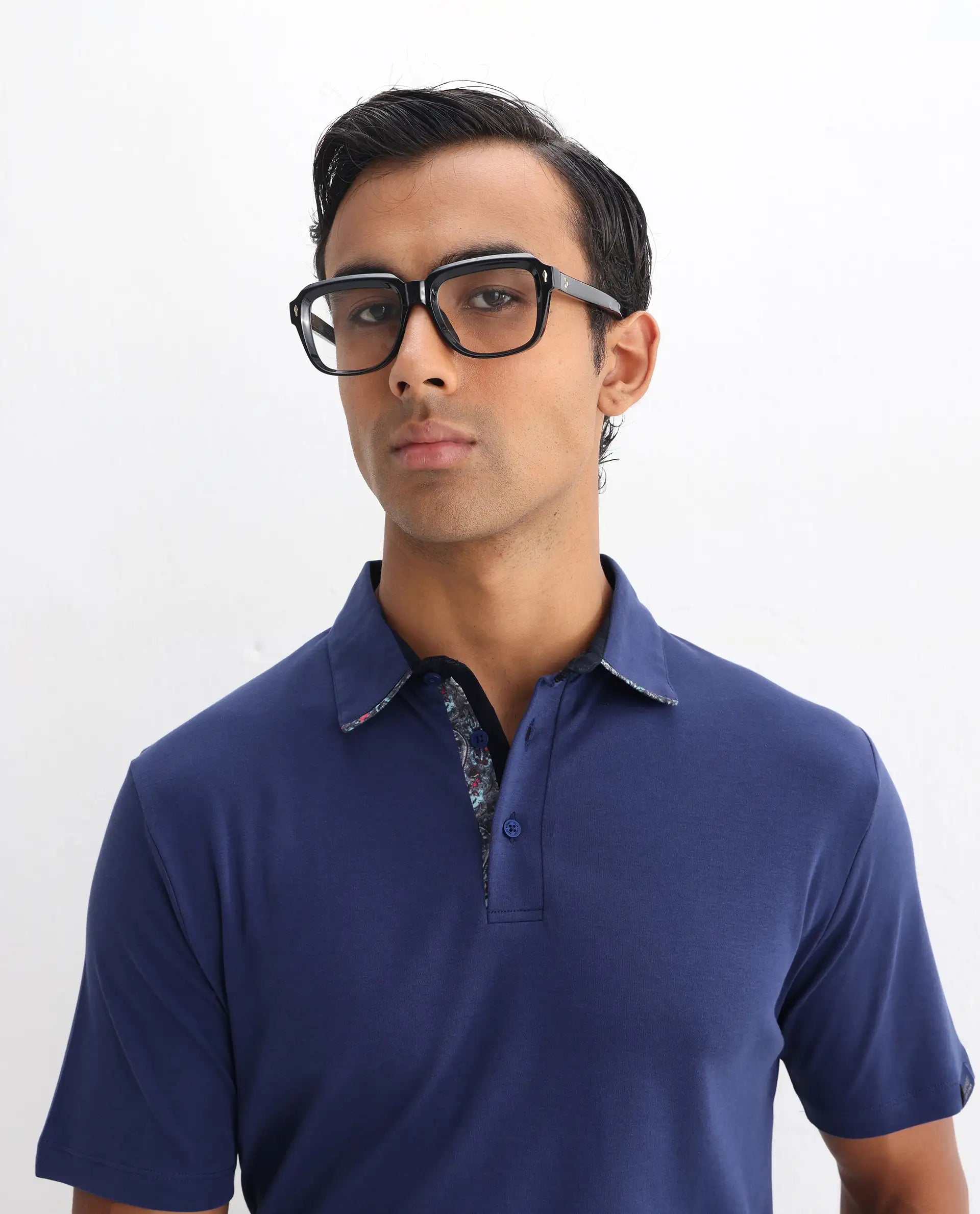 Rare Rabbit Men's Casca Dark Blue Cotton Plain Regular Fit Half Sleeve Polo