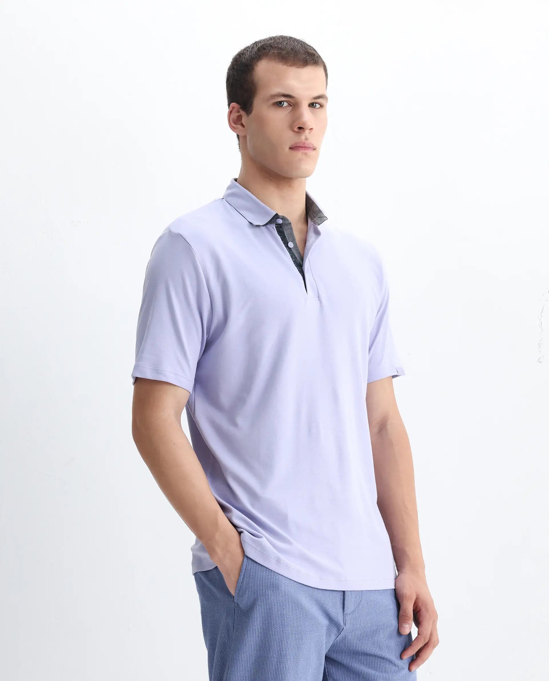 Rare Rabbit Men's Casca Pastel Purple Cotton Plain Regular Fit Half Sleeve Polo