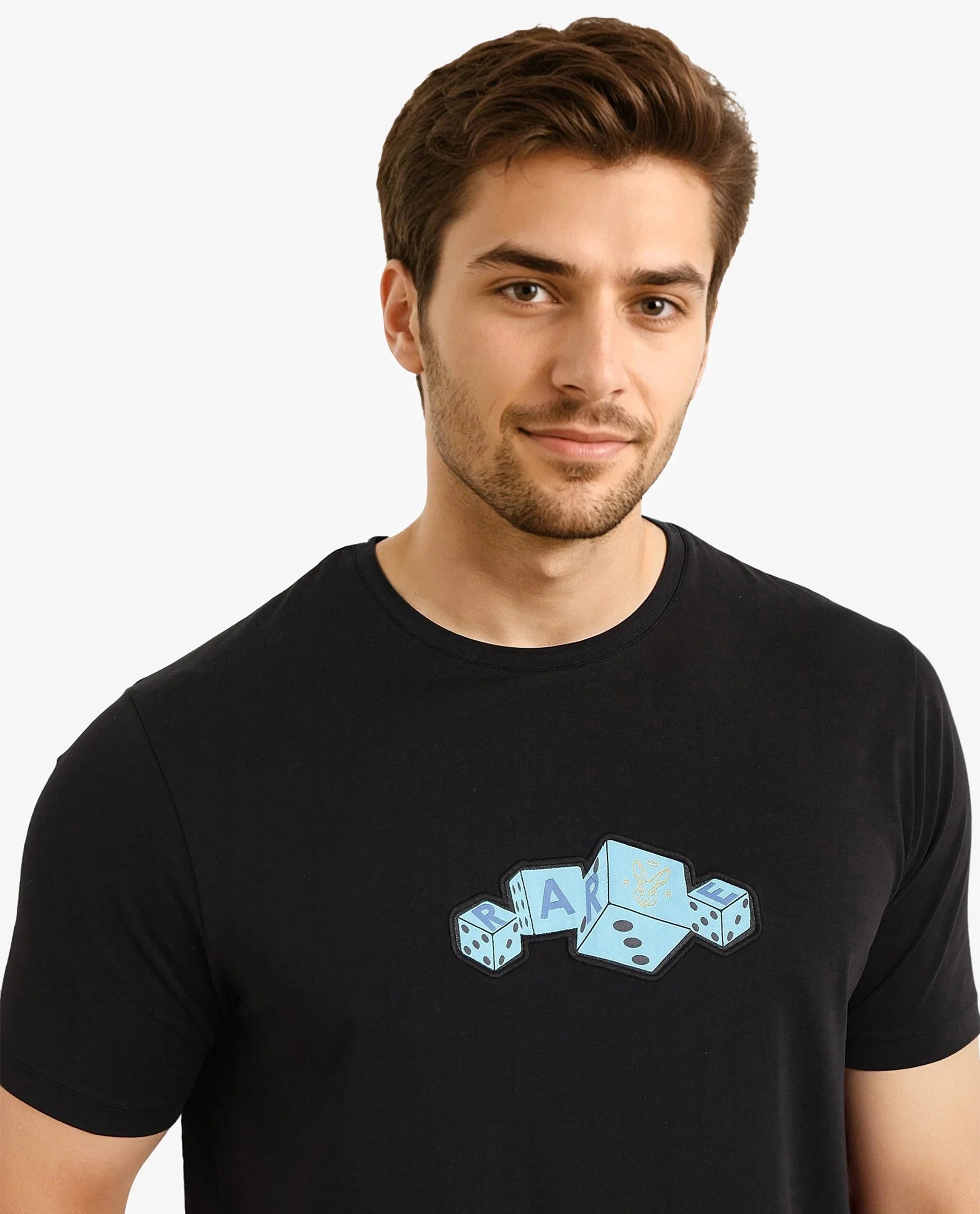 Rare Rabbit Men Cason Black Cotton Lycra Fabric Short Sleeve Crew Neck Regular Fit Graphic Print T-Shirt