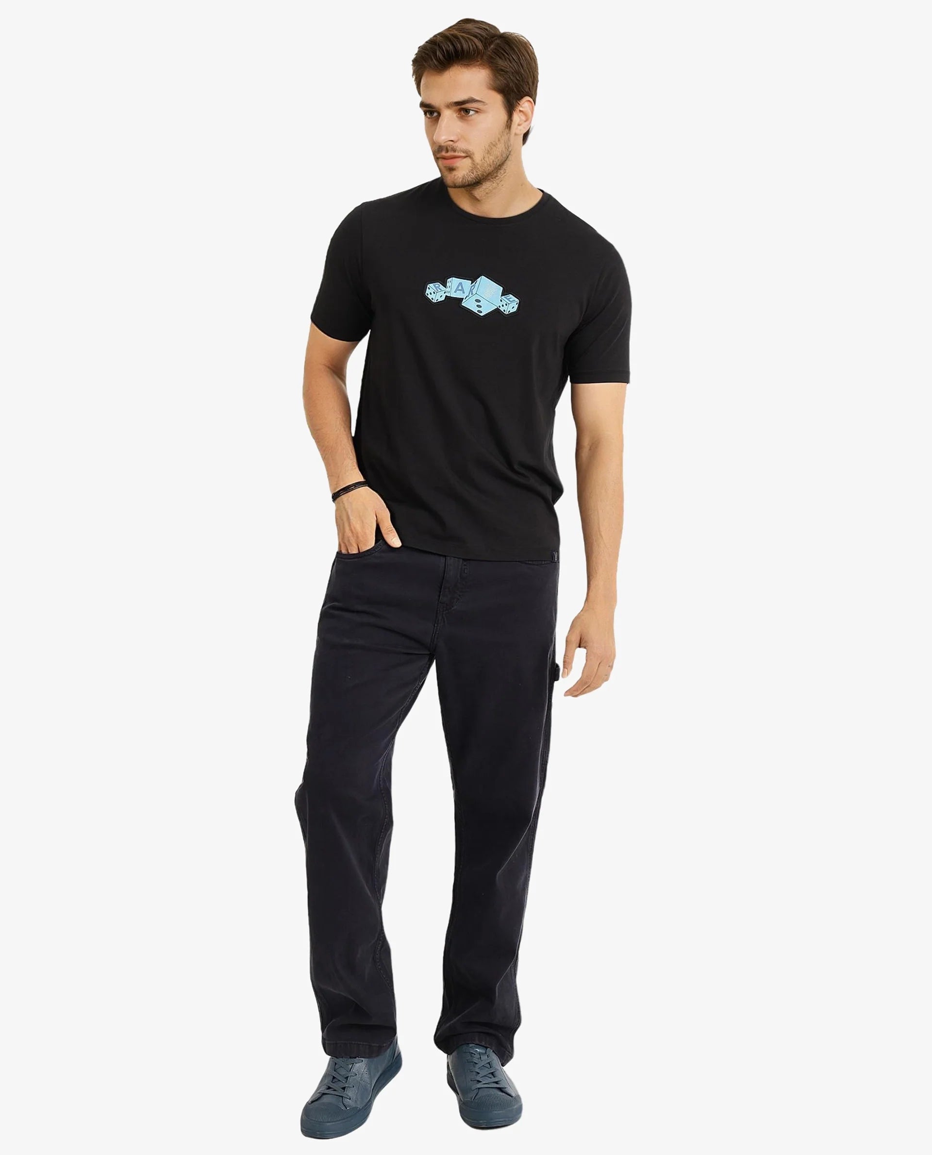 Rare Rabbit Men Cason Black Cotton Lycra Fabric Short Sleeve Crew Neck Regular Fit Graphic Print T-Shirt