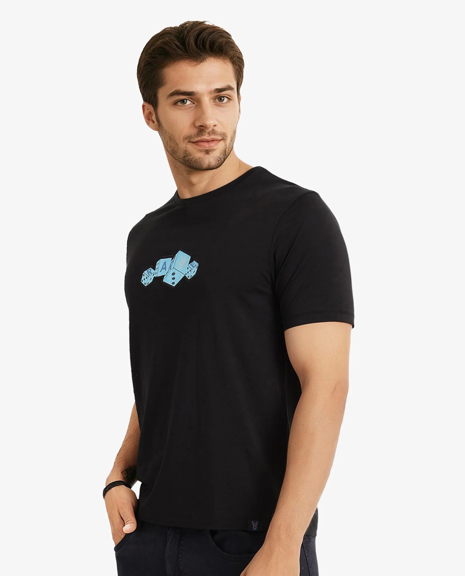 Rare Rabbit Men Cason Black Cotton Lycra Fabric Short Sleeve Crew Neck Regular Fit Graphic Print T-Shirt