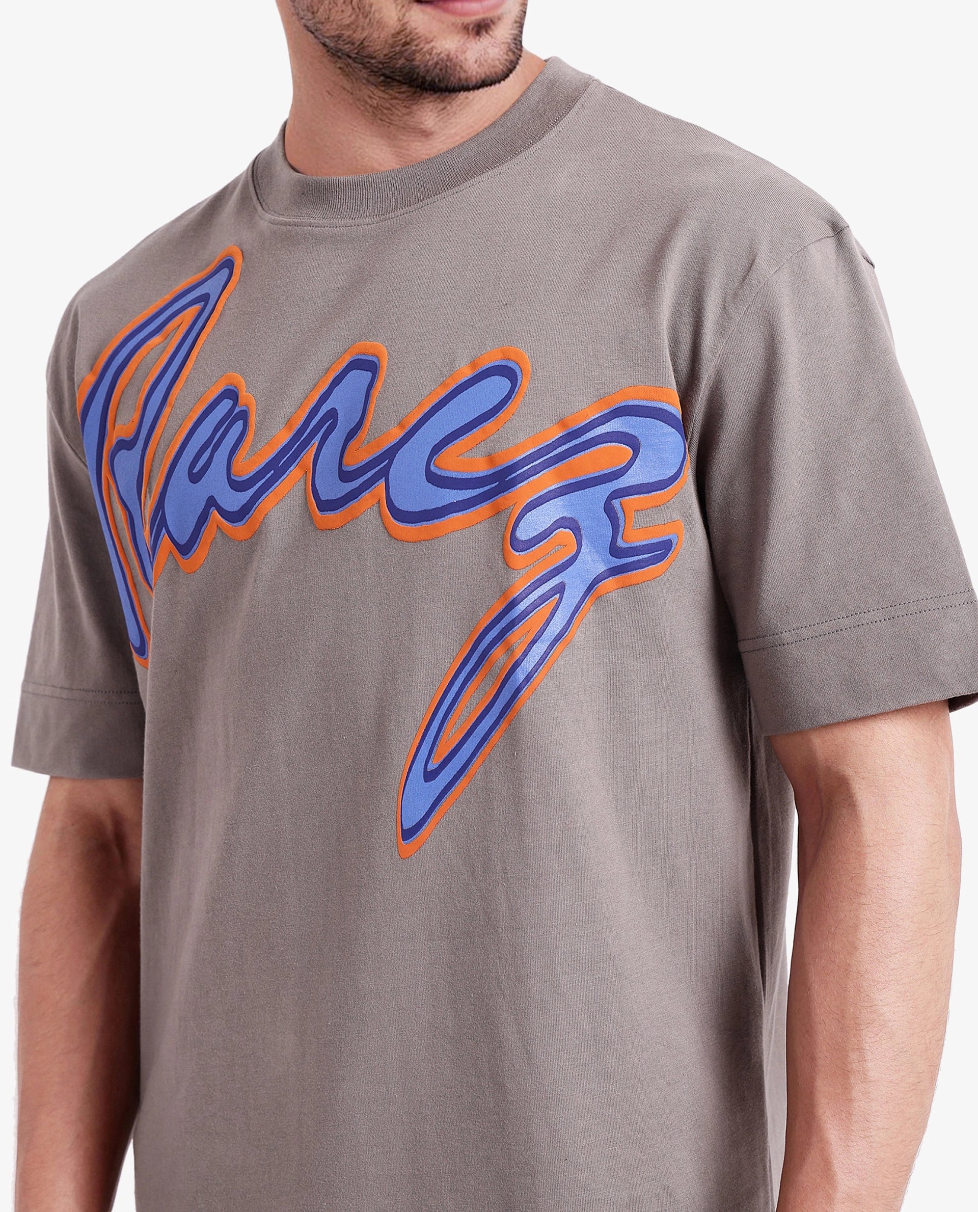 Rare Rabbit Men Casse Light Grey Short Sleeve Crew Neck Oversized Fit Printed T-Shirt