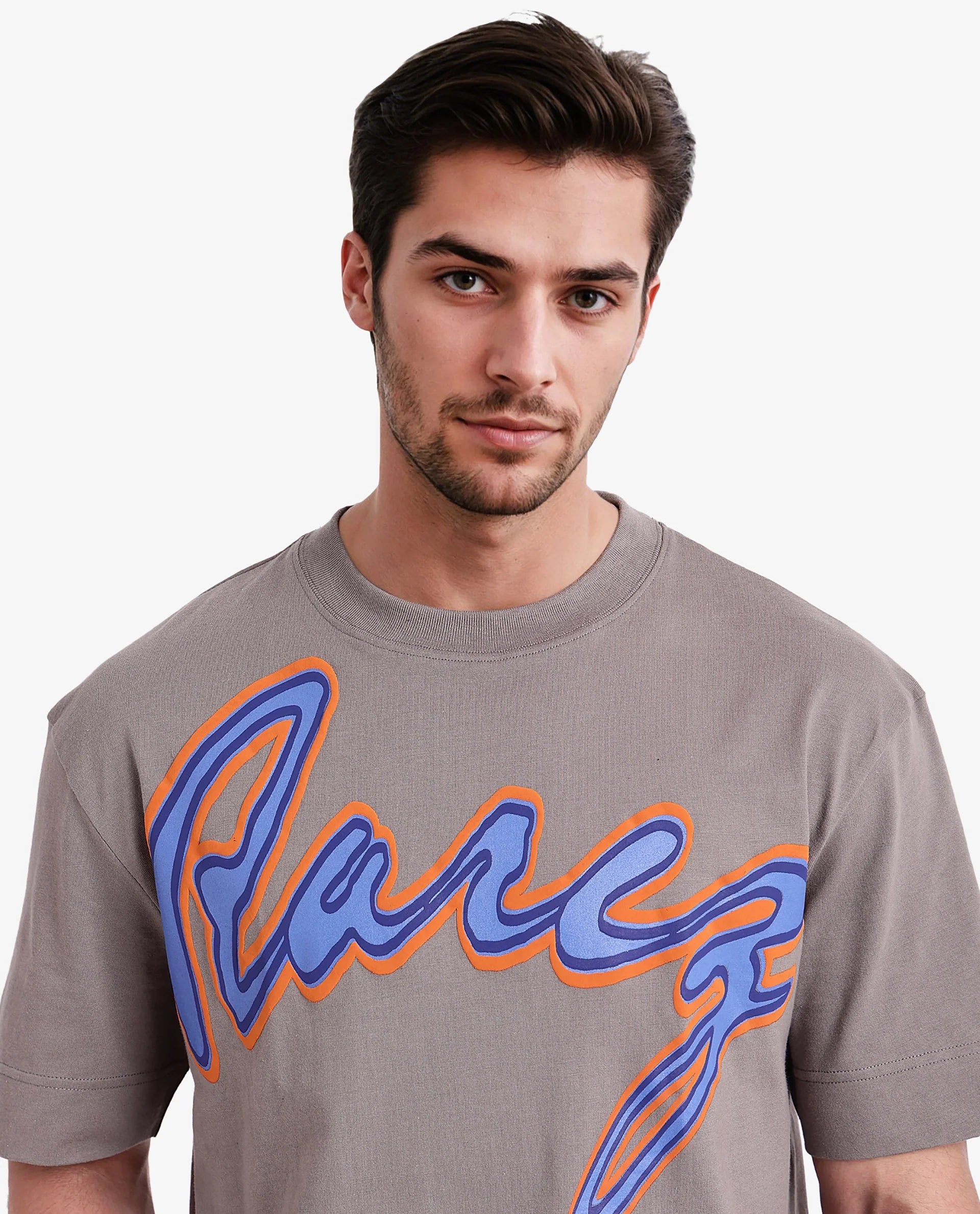 Rare Rabbit Men Casse Light Grey Short Sleeve Crew Neck Oversized Fit Printed T-Shirt