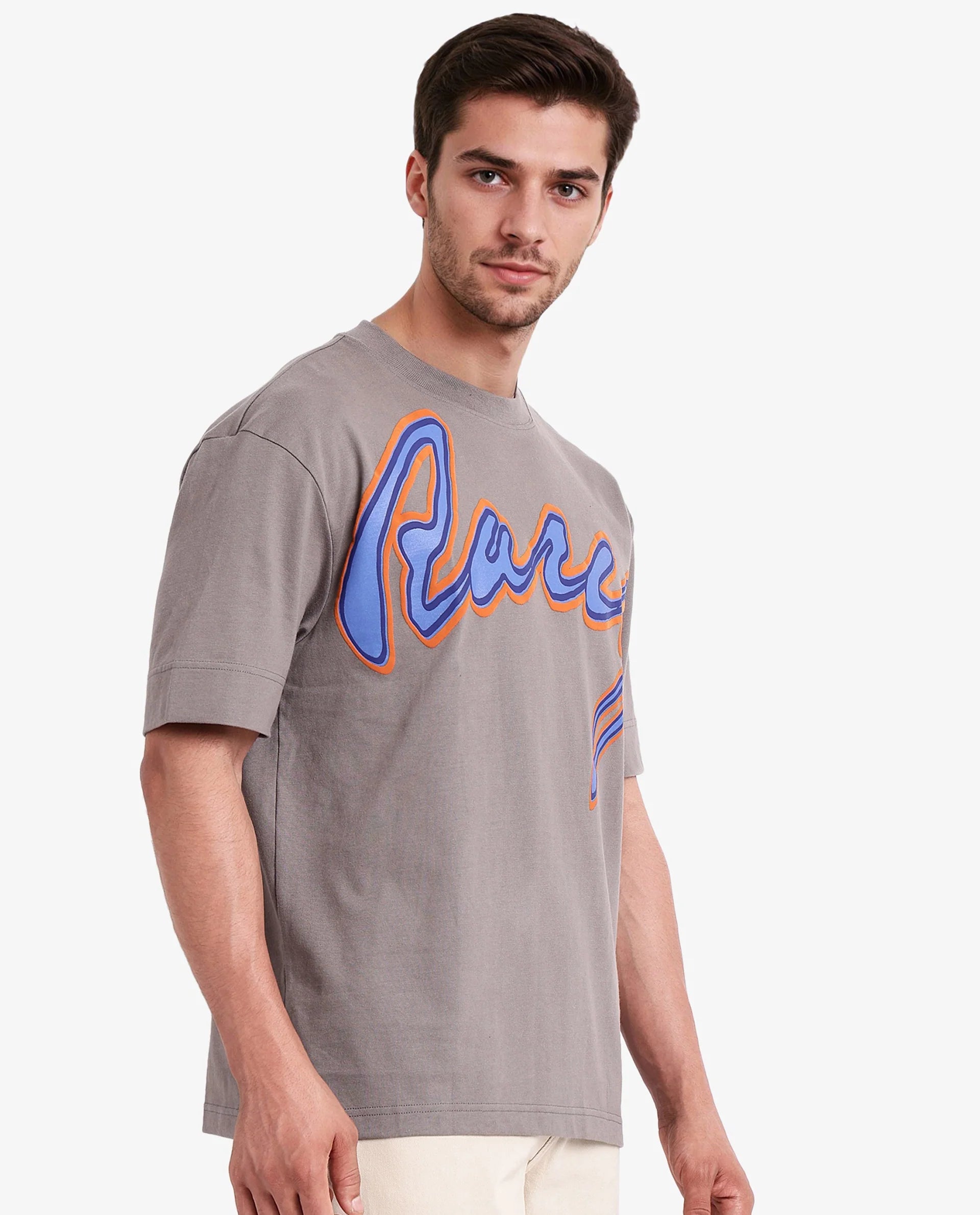 Rare Rabbit Men Casse Light Grey Short Sleeve Crew Neck Oversized Fit Printed T-Shirt