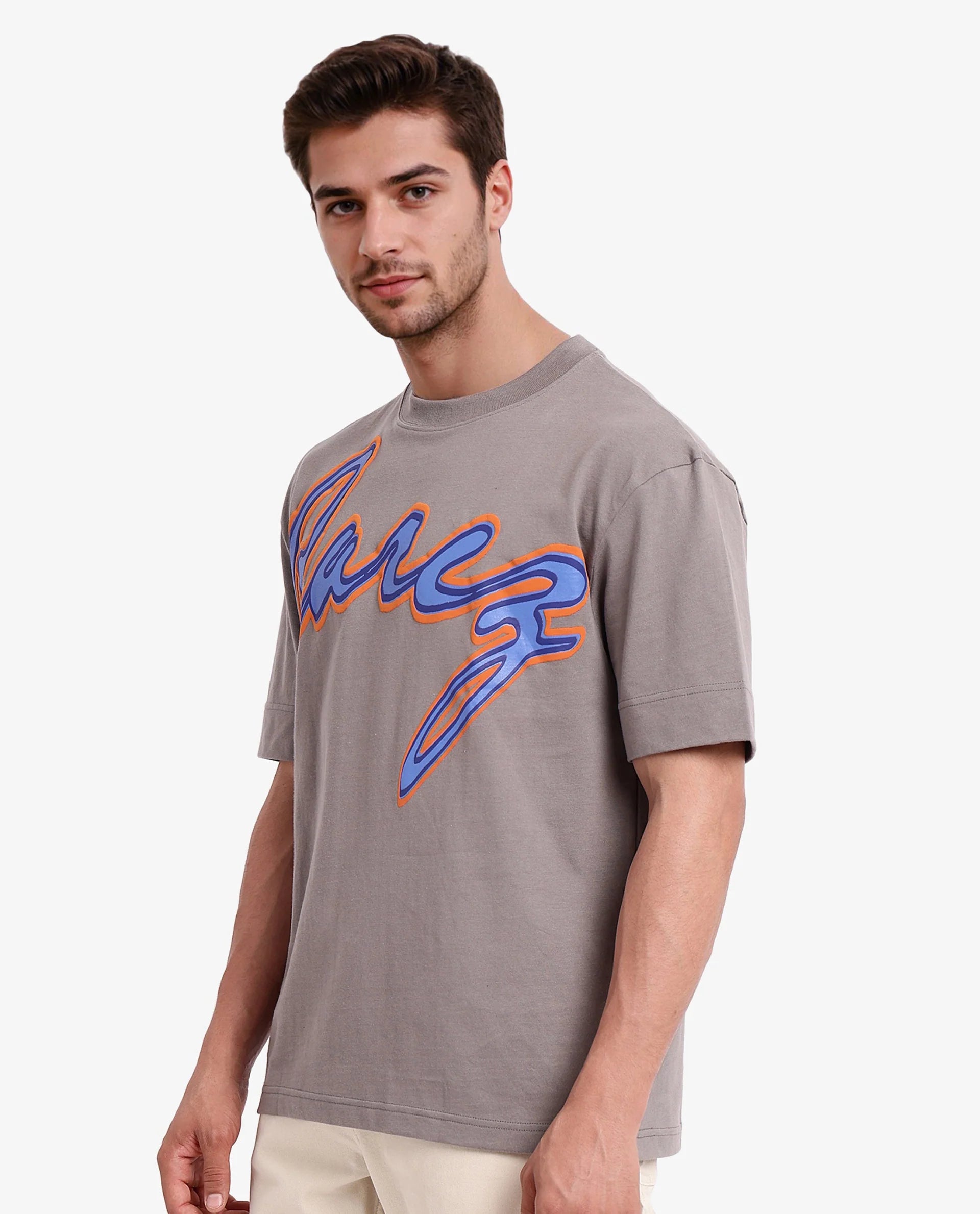 Rare Rabbit Men Casse Light Grey Short Sleeve Crew Neck Oversized Fit Printed T-Shirt