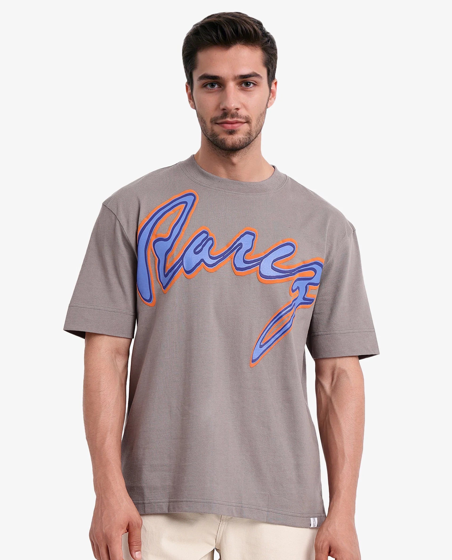 Rare Rabbit Men Casse Light Grey Short Sleeve Crew Neck Oversized Fit Printed T-Shirt