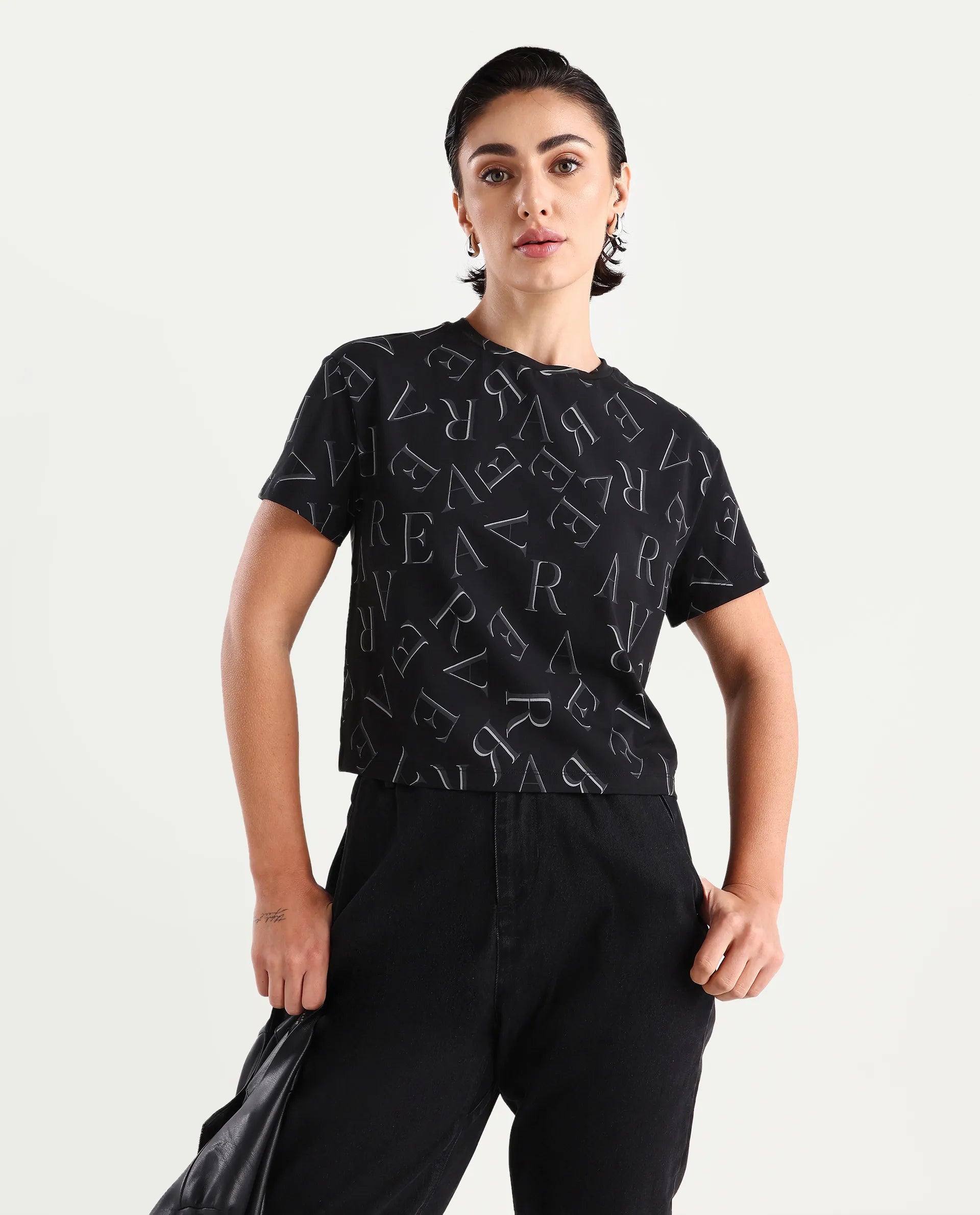 Rareism Women's Cassia Black Cotton Blend Crew Neck Monogram Print Crop Regular Fit T-Shirt