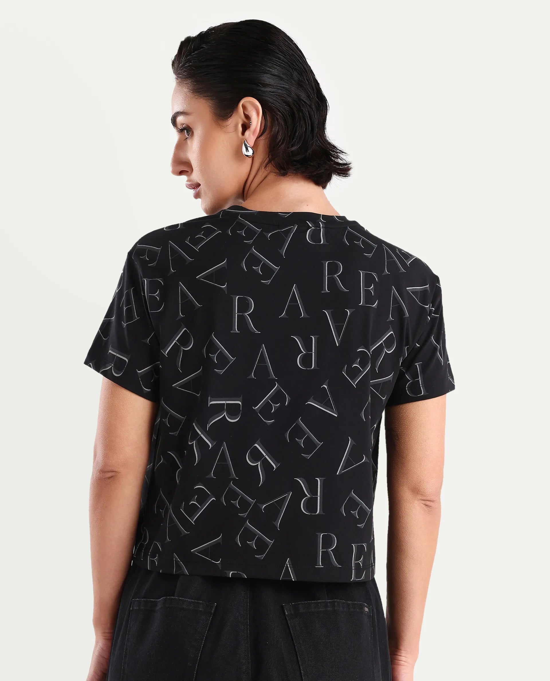 Rareism Women's Cassia Black Cotton Blend Crew Neck Monogram Print Crop Regular Fit T-Shirt