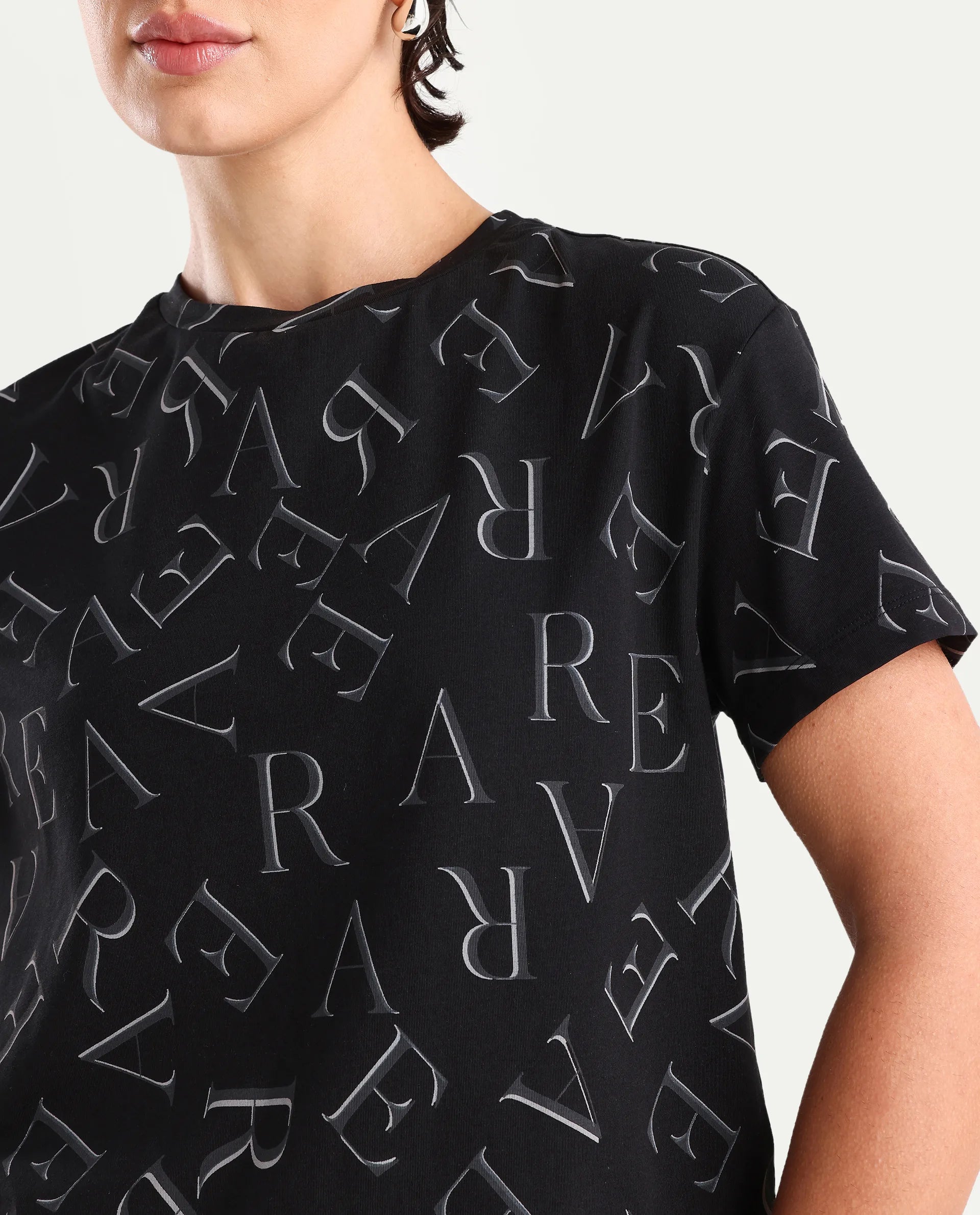 Rareism Women's Cassia Black Cotton Blend Crew Neck Monogram Print Crop Regular Fit T-Shirt