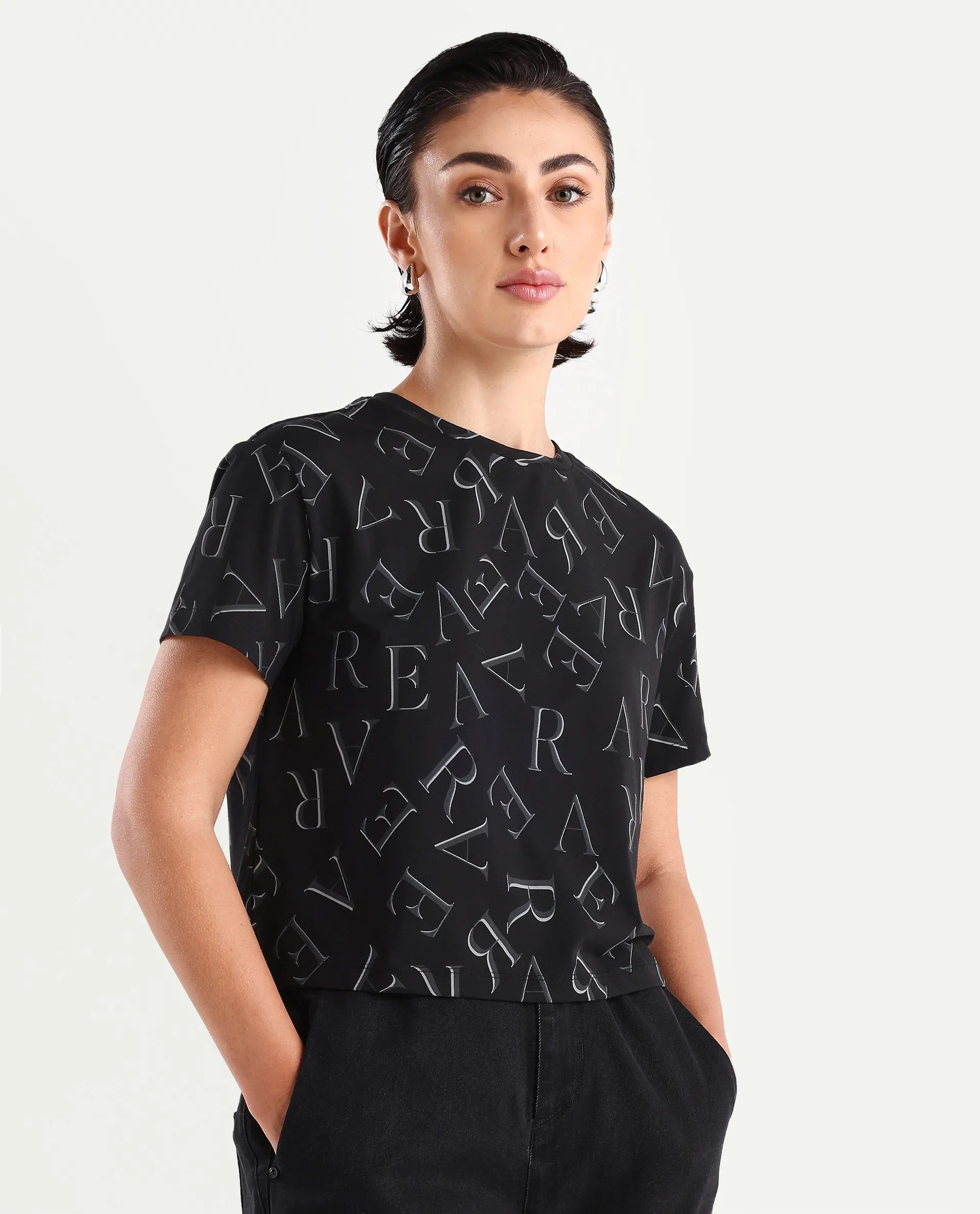 Rareism Women's Cassia Black Cotton Blend Crew Neck Monogram Print Crop Regular Fit T-Shirt