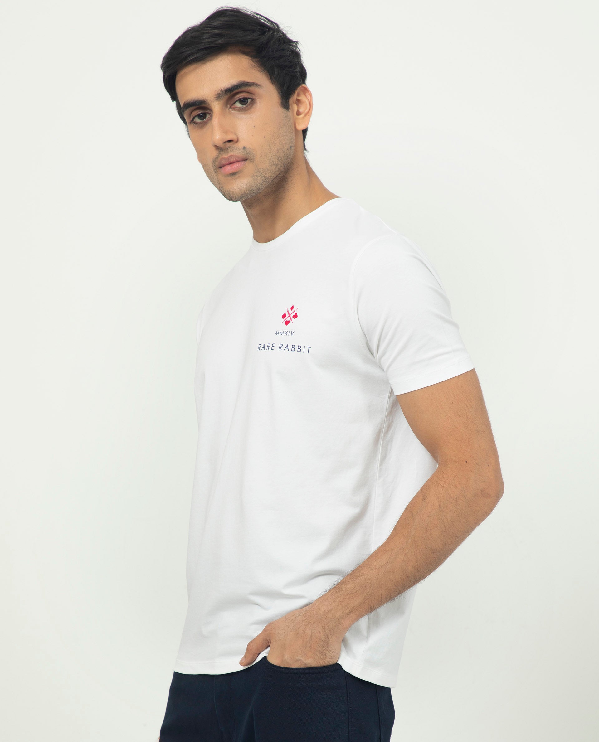 Rare Rabbit Men's Castel White Crew Neck Graphic Print Branded Half Sleeves T-Shirt