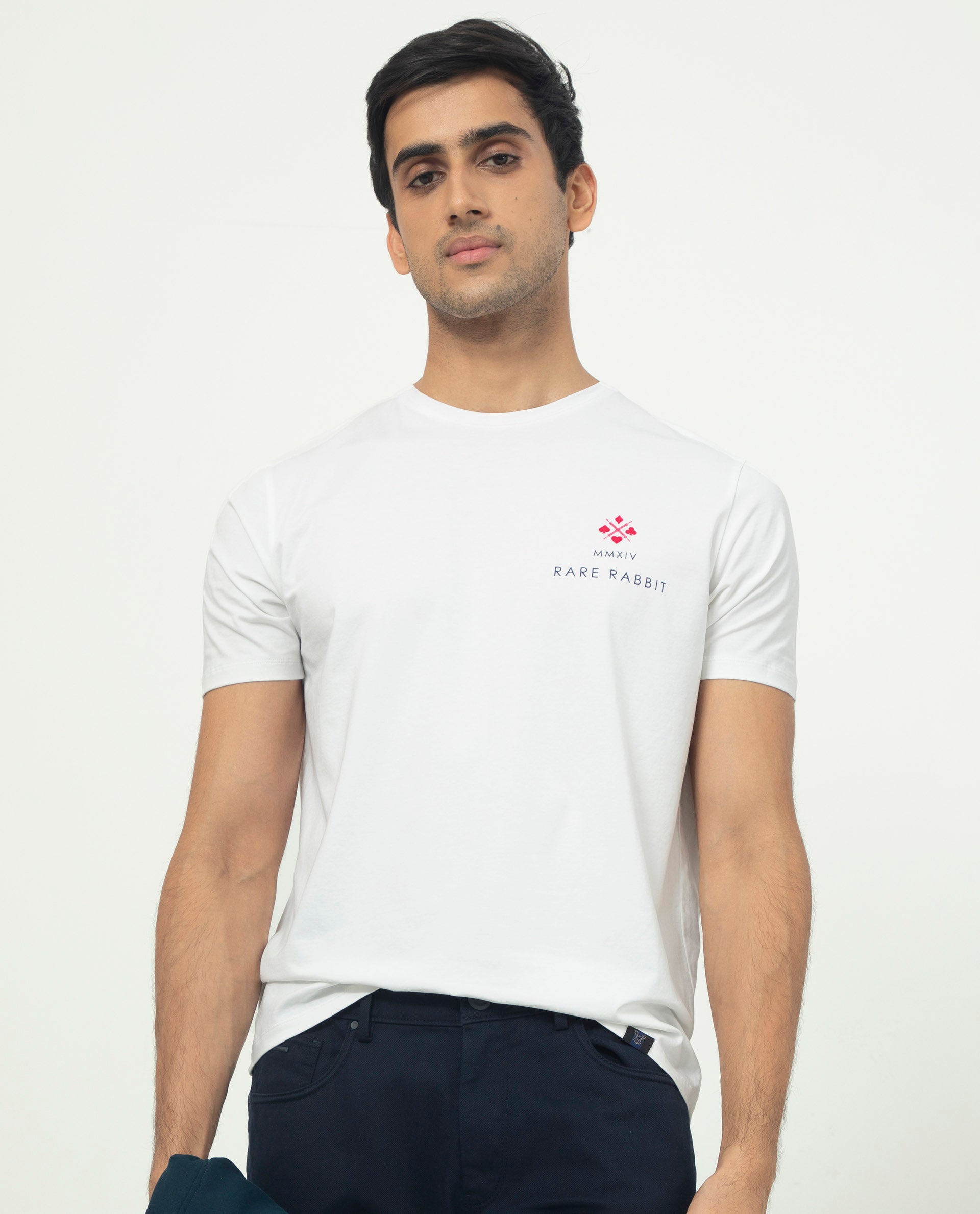 Rare Rabbit Men's Castel White Crew Neck Graphic Print Branded Half Sleeves T-Shirt