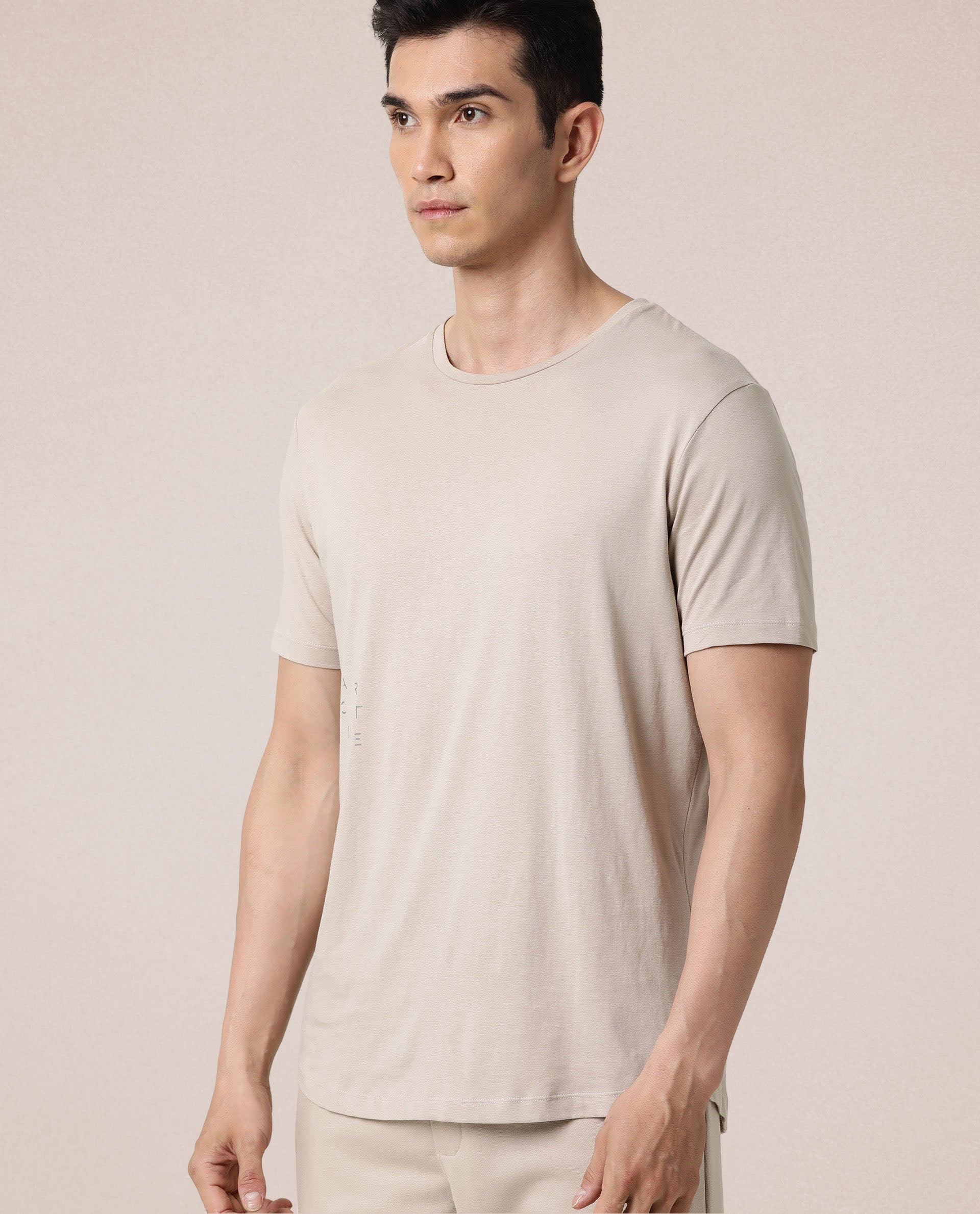 Rare Rabbit Articale Men's Caxel Beige Crew Neck Offset Brand Print Half Sleeves T-shirt