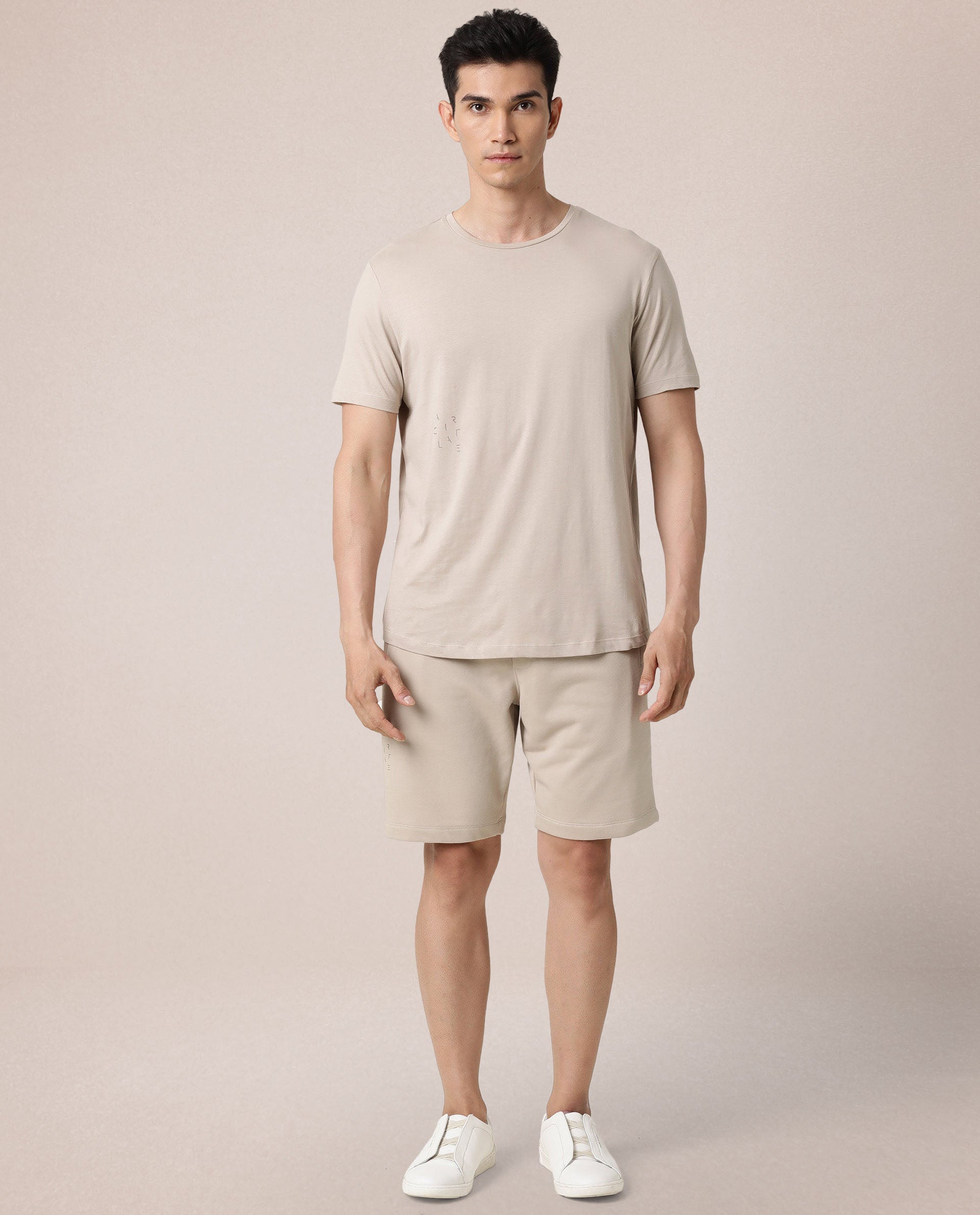 Rare Rabbit Articale Men's Caxel Beige Crew Neck Offset Brand Print Half Sleeves T-shirt