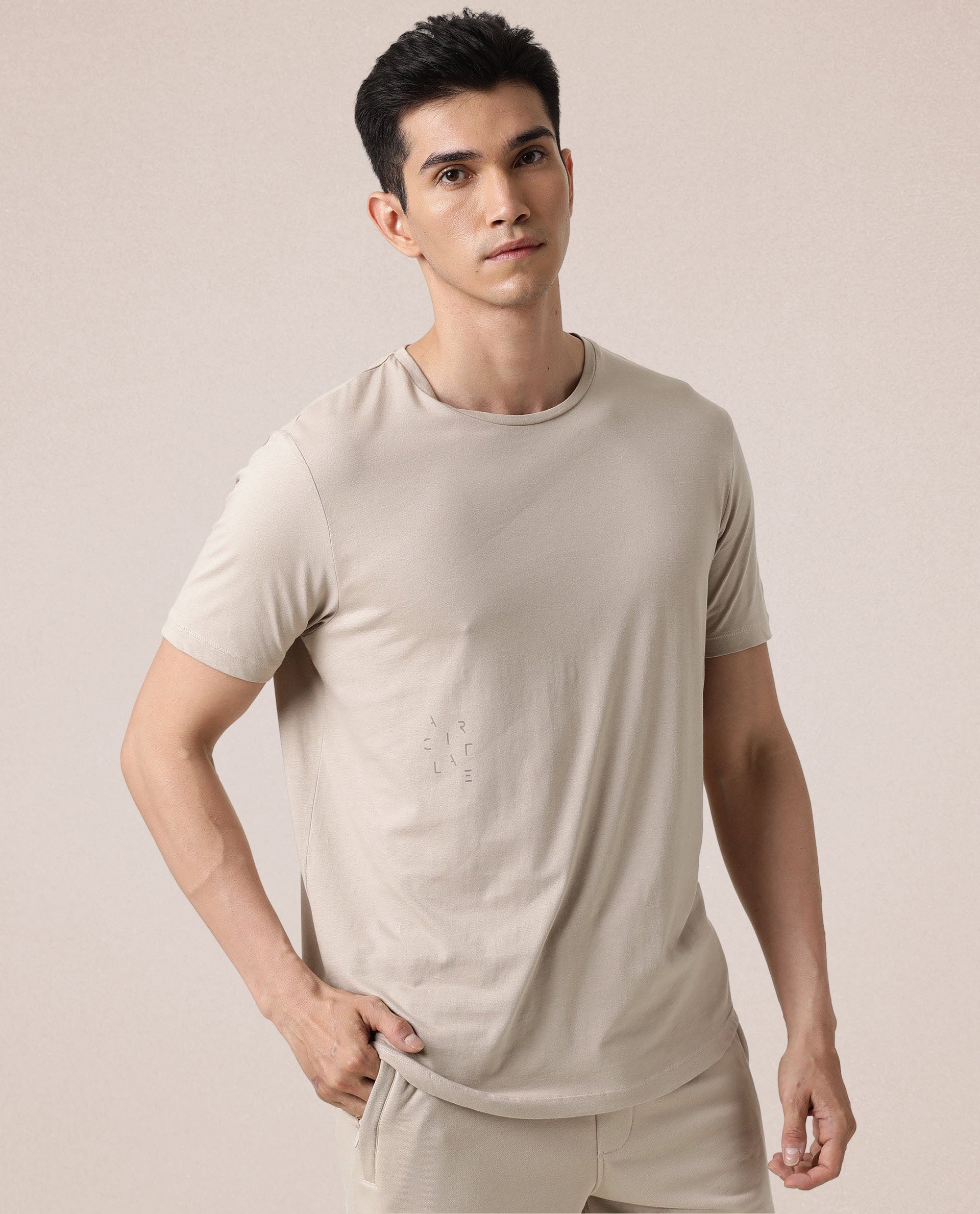 Rare Rabbit Articale Men's Caxel Beige Crew Neck Offset Brand Print Half Sleeves T-shirt