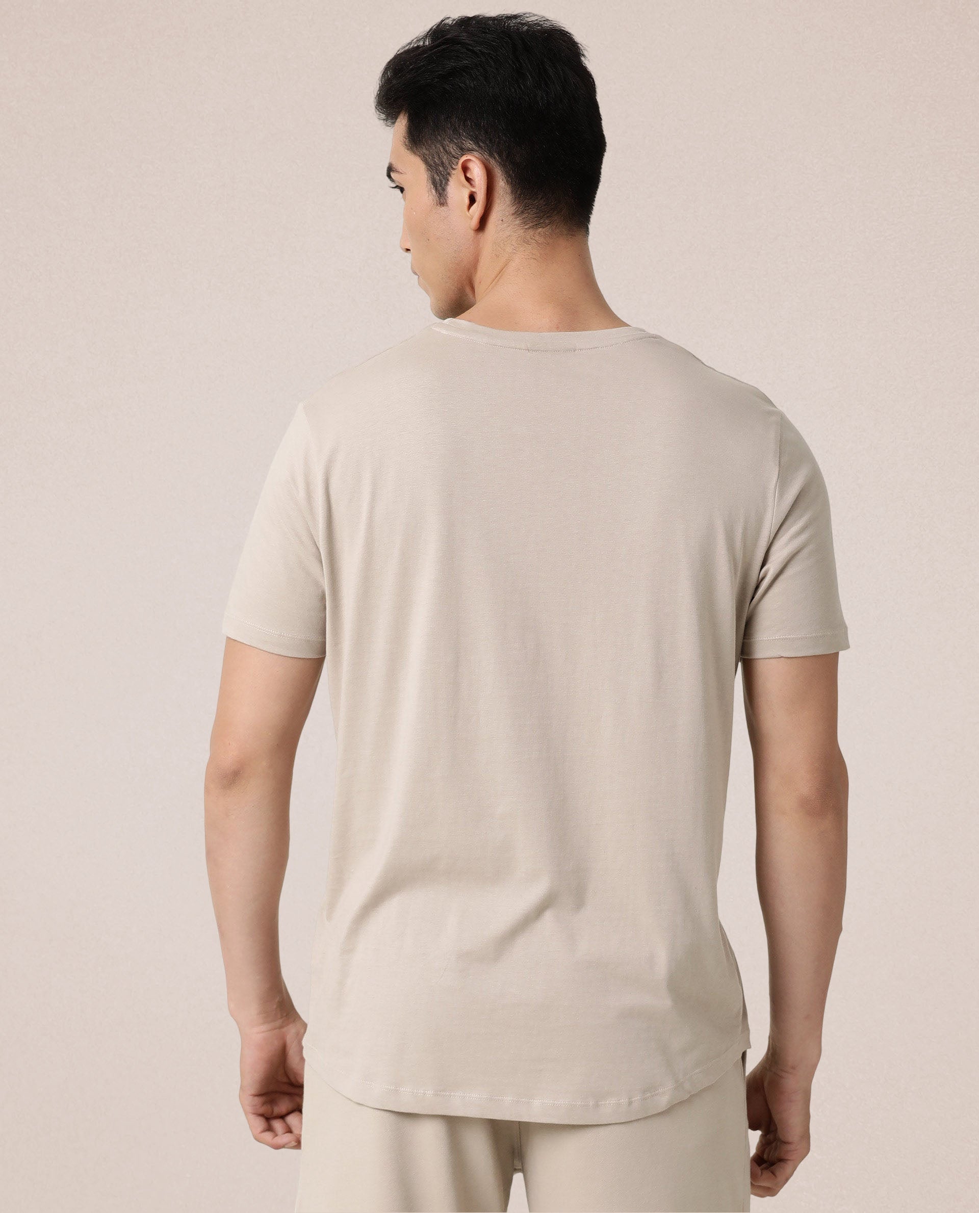 Rare Rabbit Articale Men's Caxel Beige Crew Neck Offset Brand Print Half Sleeves T-shirt