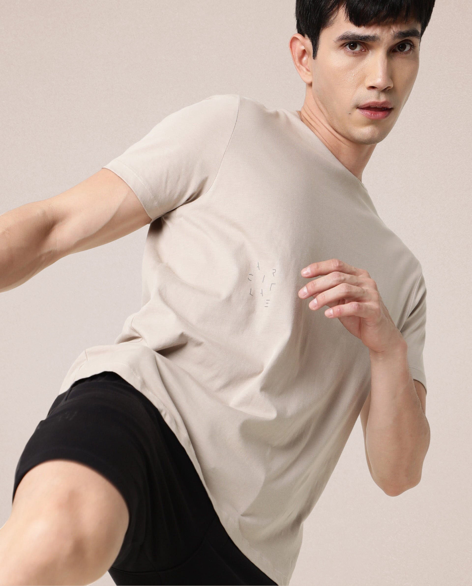 Rare Rabbit Articale Men's Caxel Beige Crew Neck Offset Brand Print Half Sleeves T-shirt