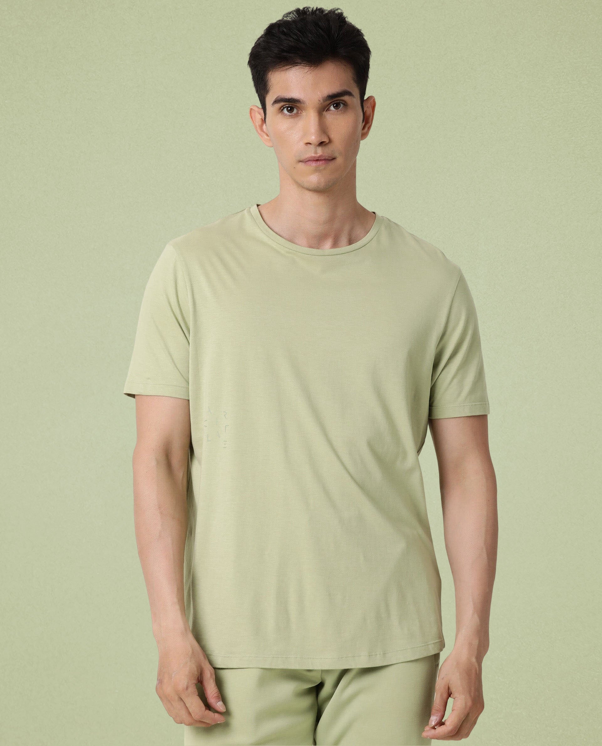 Rare Rabbit Articale Men's Cardamom Green Crew Neck Offset Branded T-shirt
