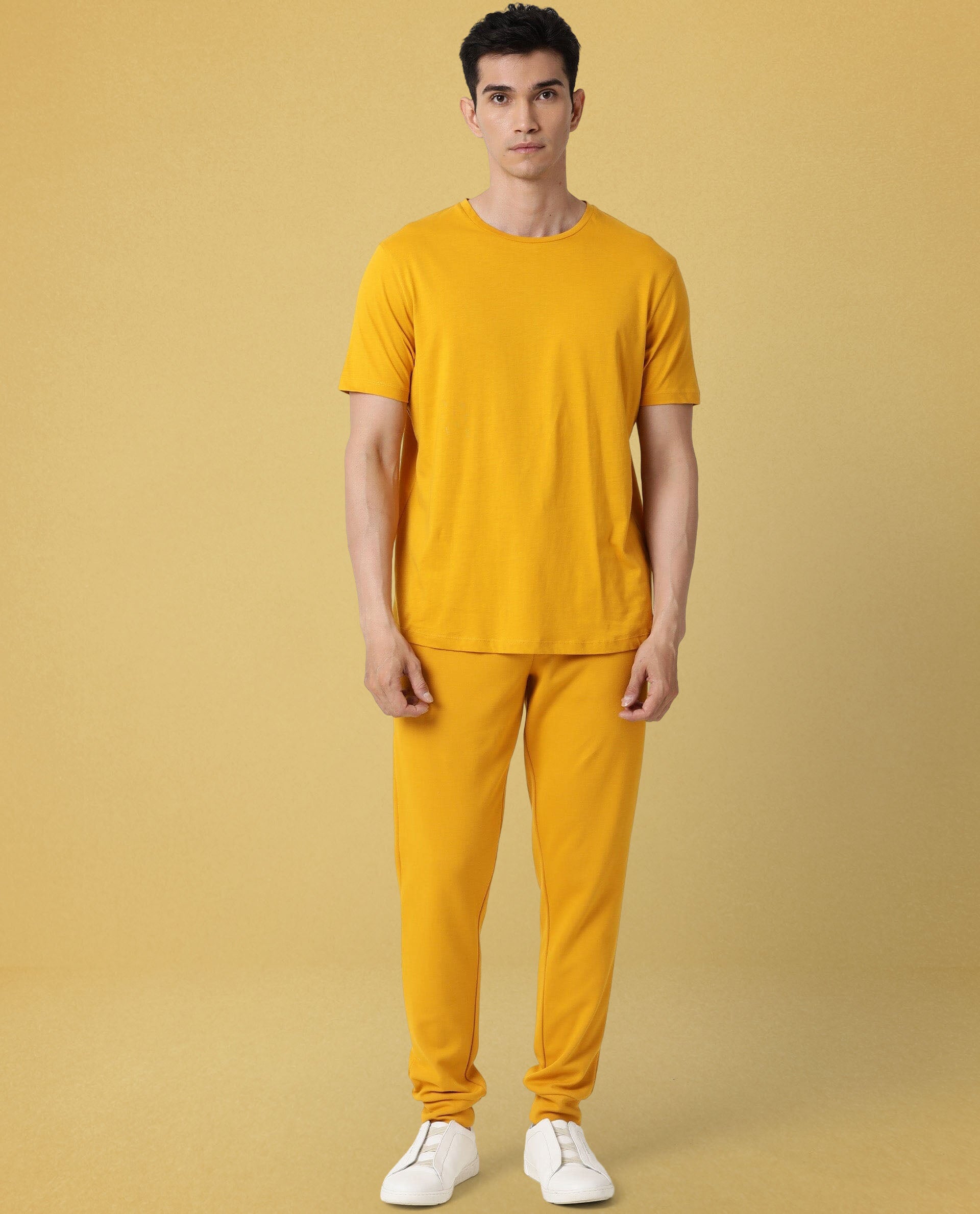 Rare Rabbit Articale Men's Caxel French Mustard Crew Neck Offset Brand Print Half Sleeves T-shirt