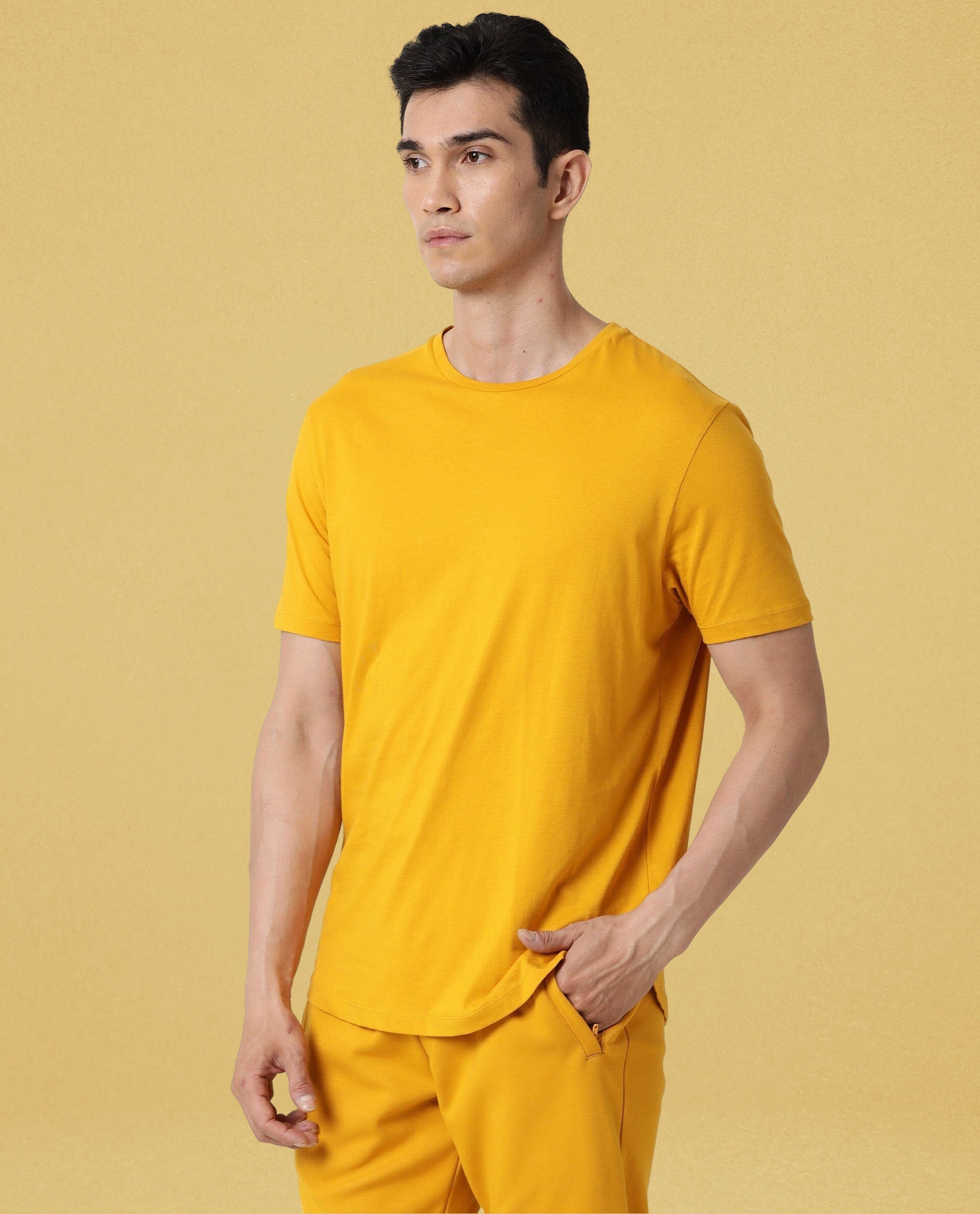 Rare Rabbit Articale Men's Caxel French Mustard Crew Neck Offset Brand Print Half Sleeves T-shirt