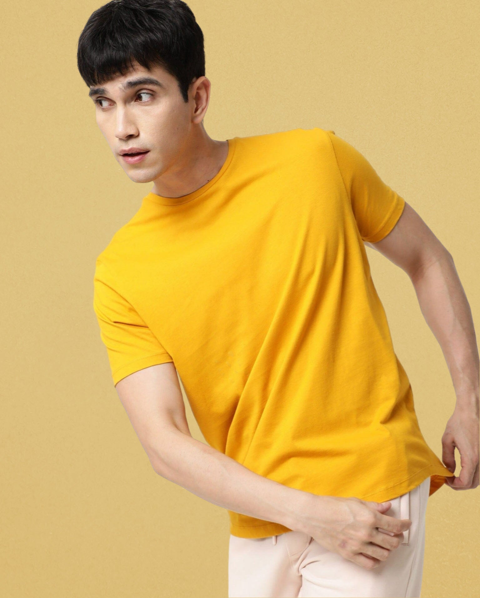 Rare Rabbit Articale Men's Caxel French Mustard Crew Neck Offset Brand Print Half Sleeves T-shirt