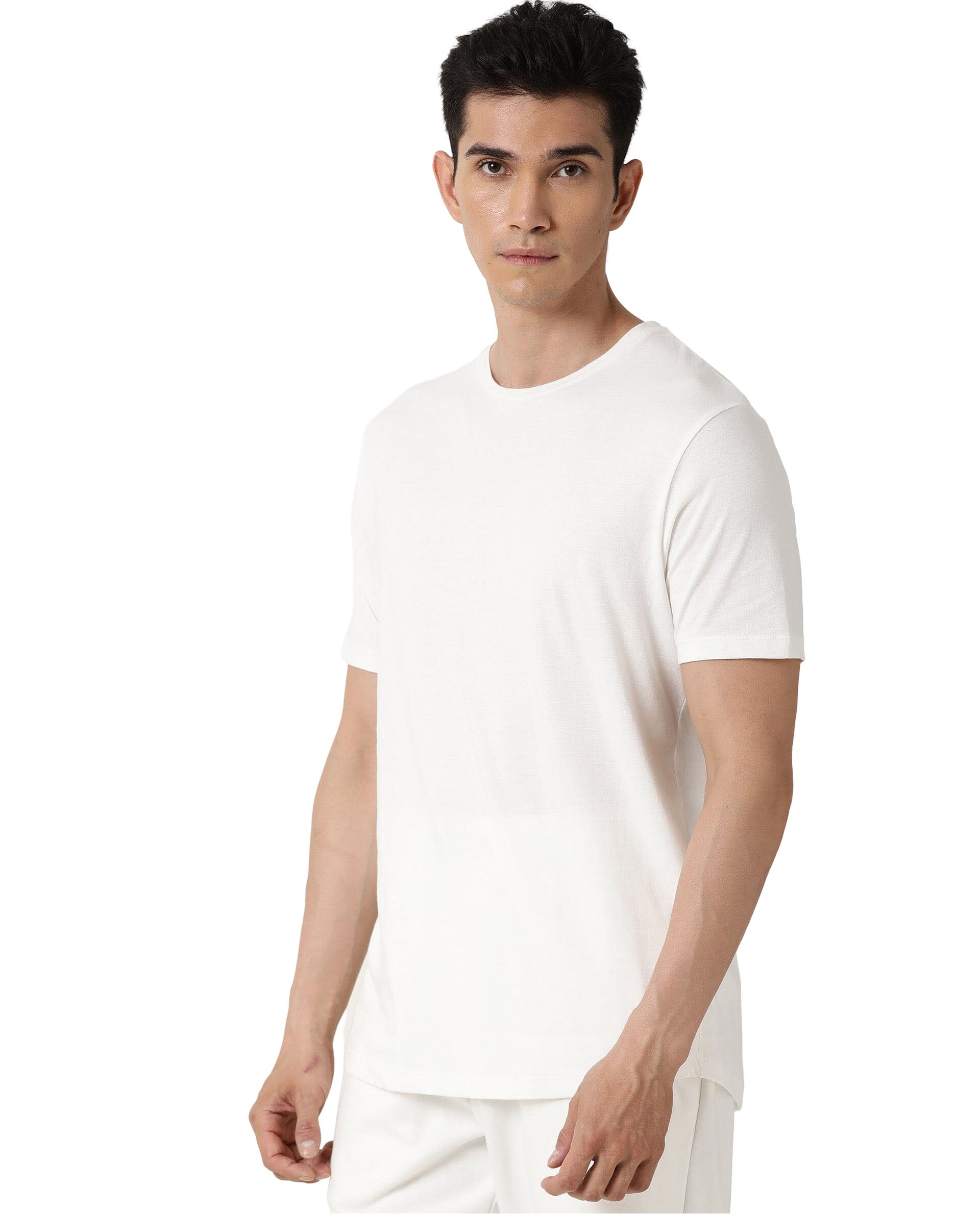 Rare Rabbit Articale Men's Caxel Ivory White Crew Neck Offset Brand Print Half Sleeves T-shirt