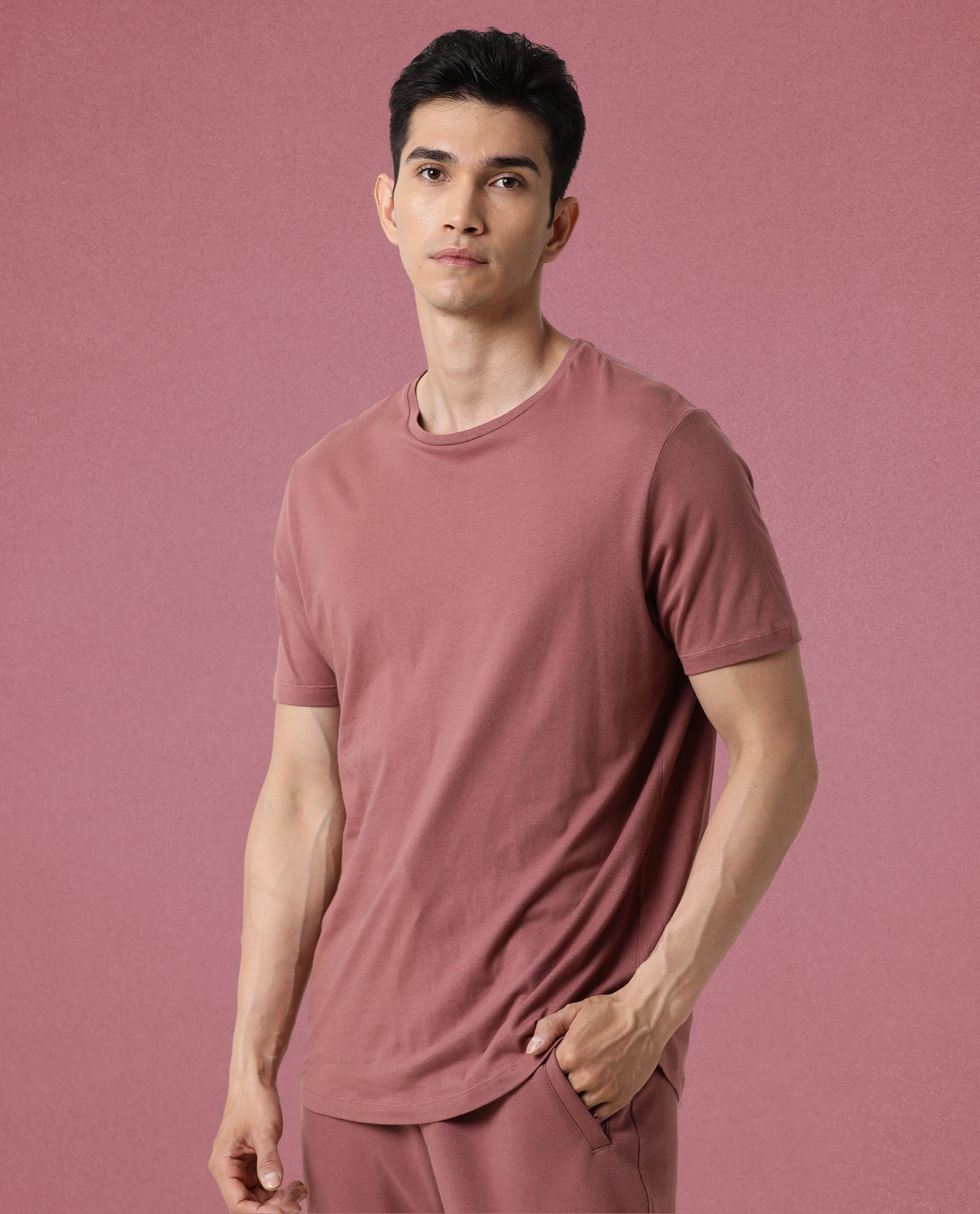 Rare Rabbit Articale Men's Caxel Pink Crew Neck Offset Brand Print Half Sleeves T-shirt