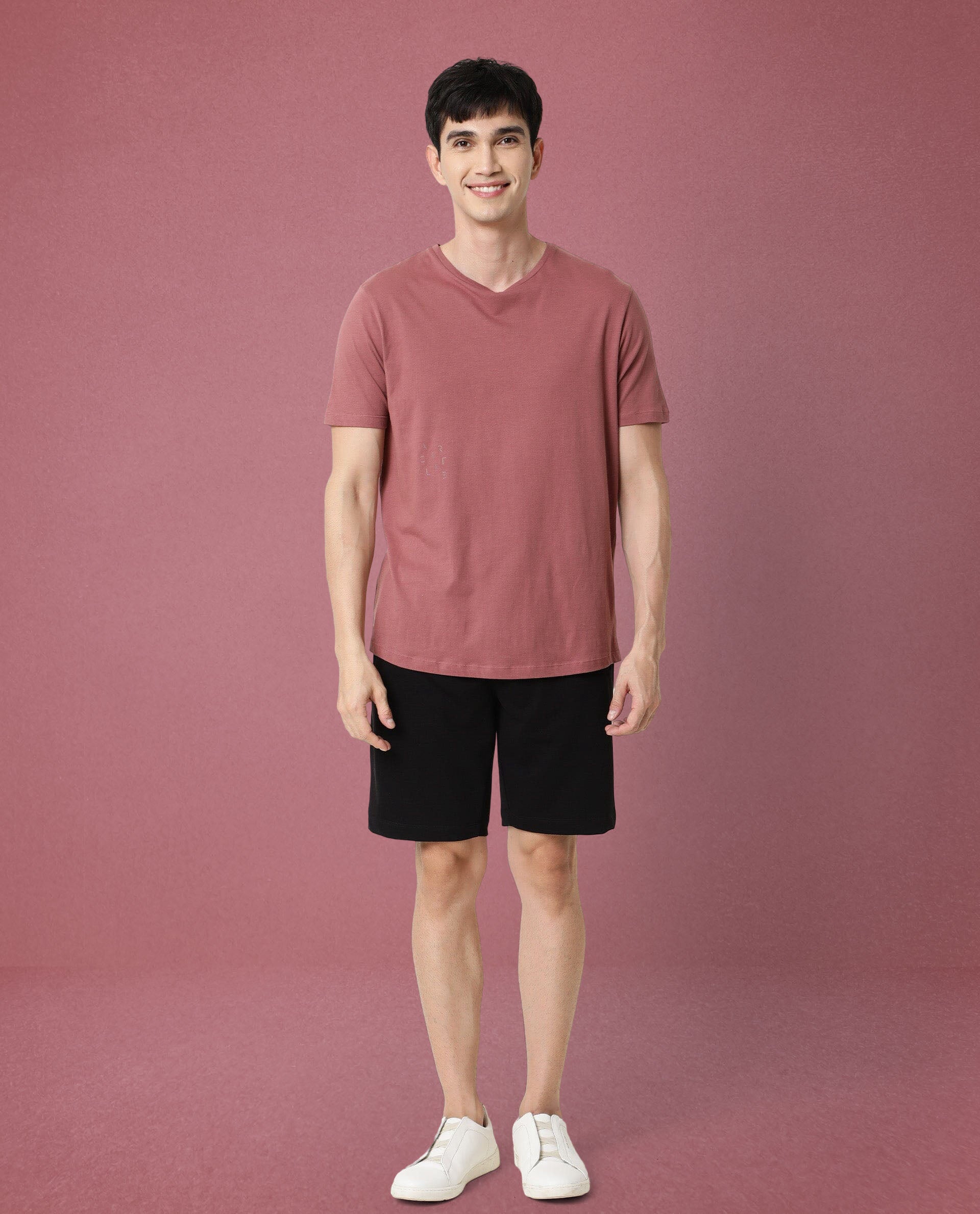 Rare Rabbit Articale Men's Caxel Pink Crew Neck Offset Brand Print Half Sleeves T-shirt