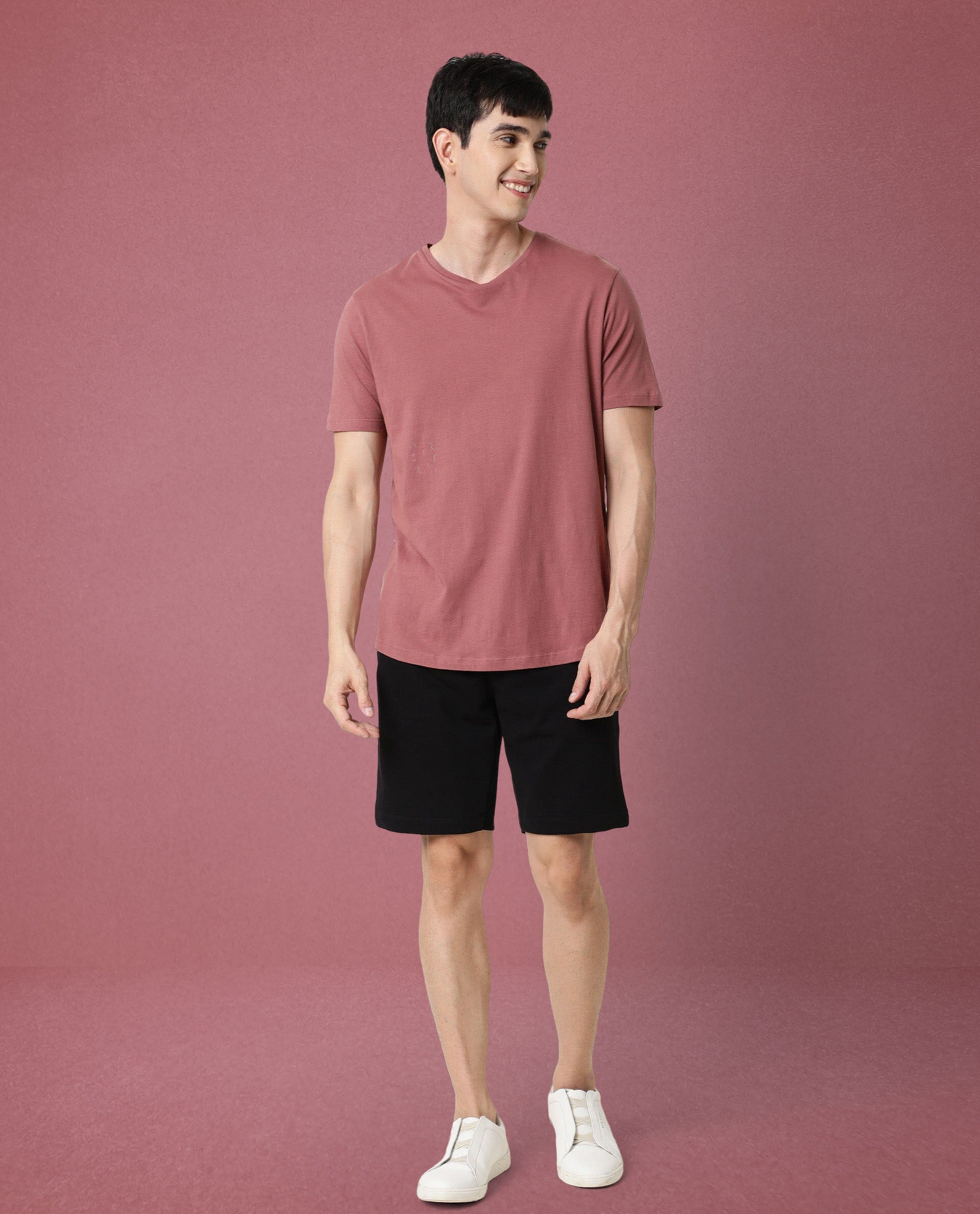 Rare Rabbit Articale Men's Caxel Pink Crew Neck Offset Brand Print Half Sleeves T-shirt