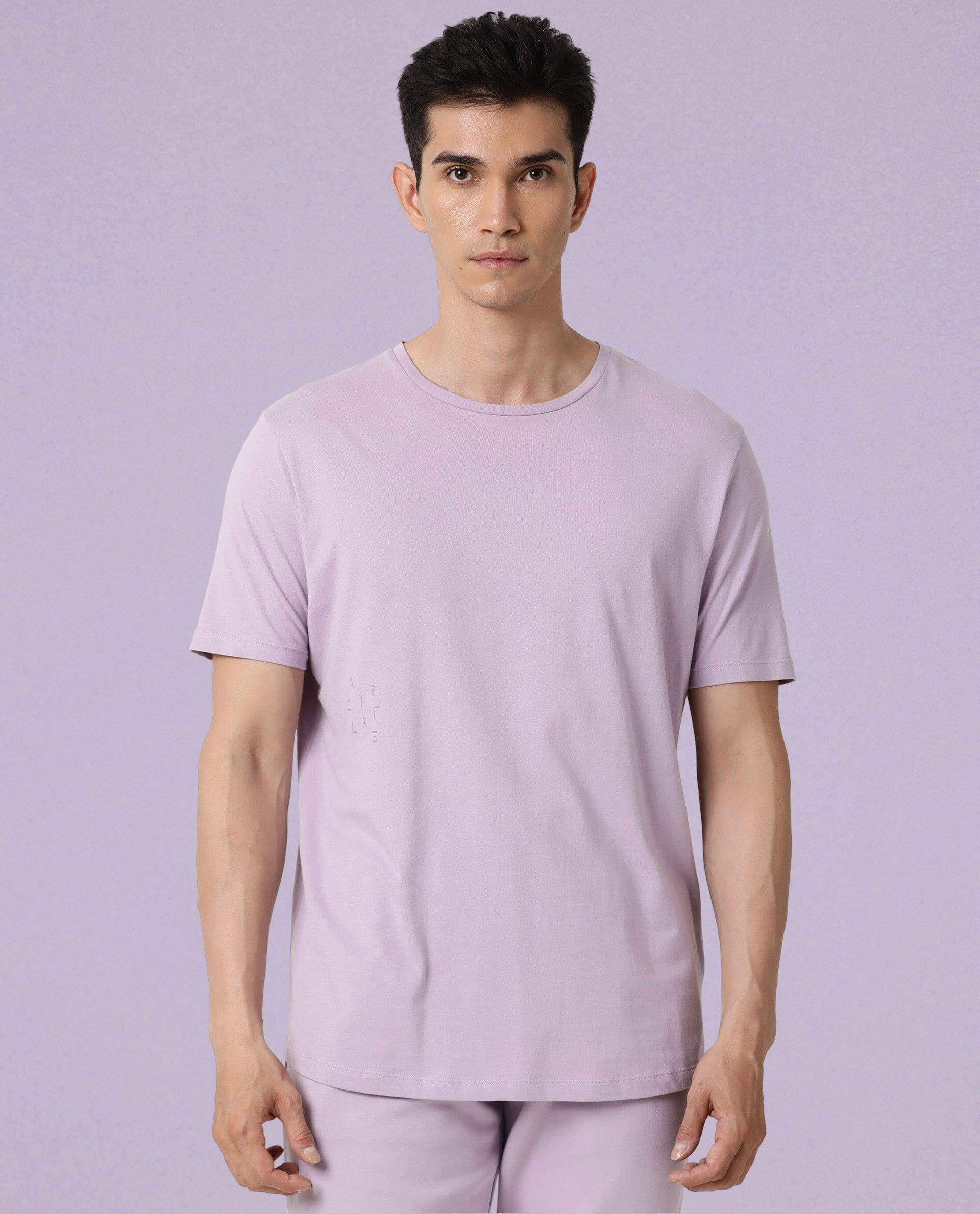 Rare Rabbit Articale Men's Caxel Pastel Lilac Crew Neck Offset Brand Print Half Sleeves T-shirt
