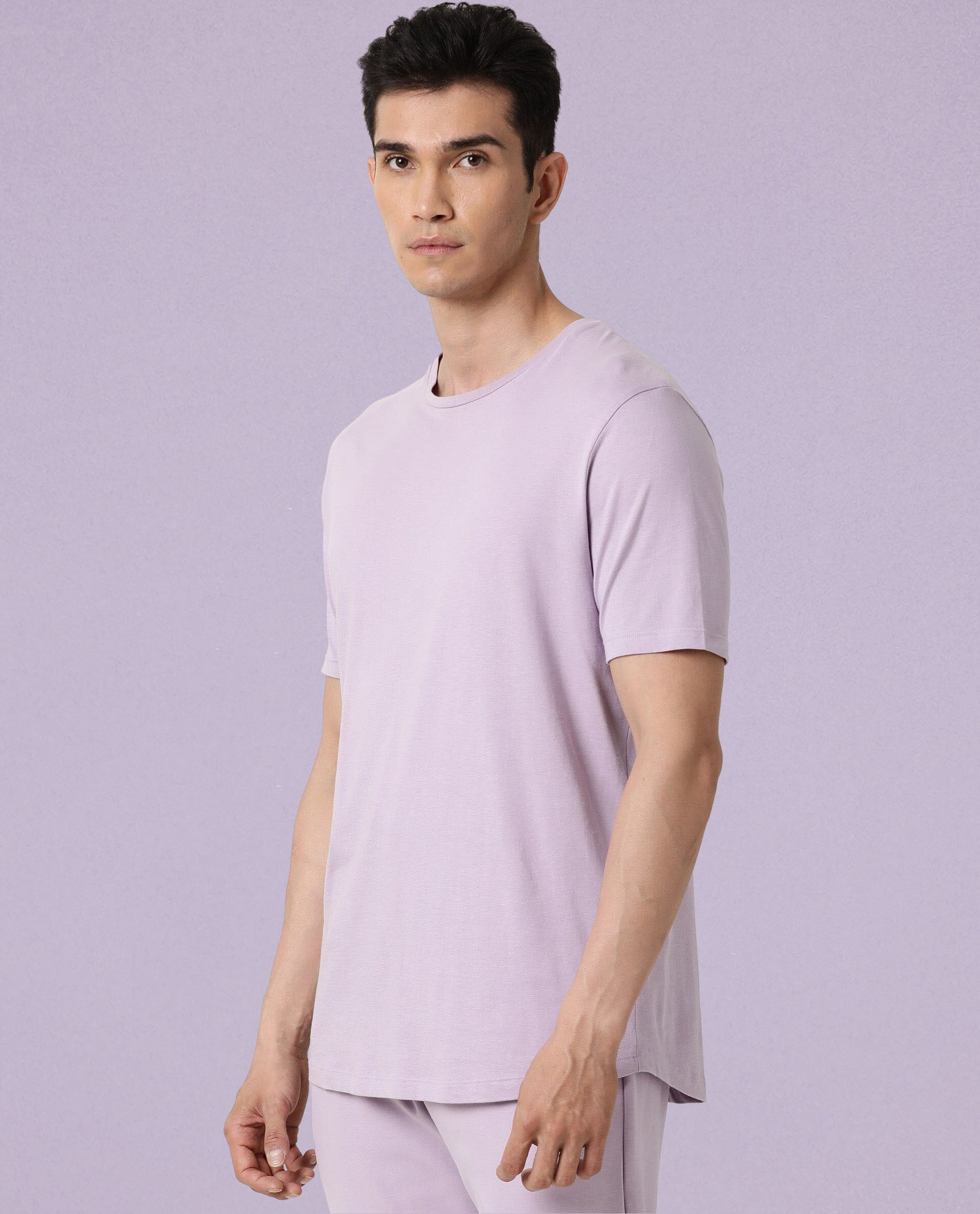 Rare Rabbit Articale Men's Caxel Pastel Lilac Crew Neck Offset Brand Print Half Sleeves T-shirt