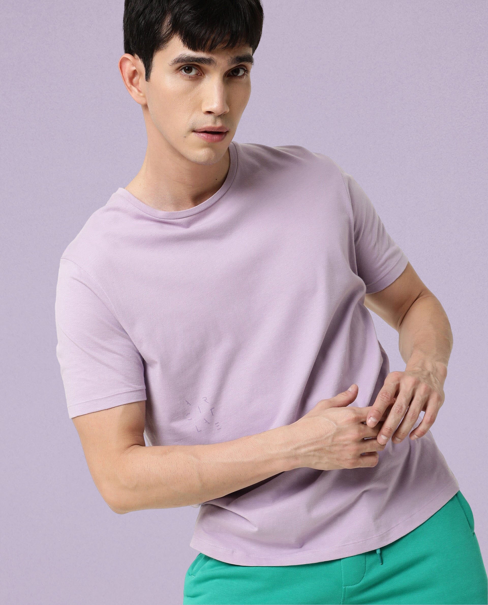 Rare Rabbit Articale Men's Caxel Pastel Lilac Crew Neck Offset Brand Print Half Sleeves T-shirt