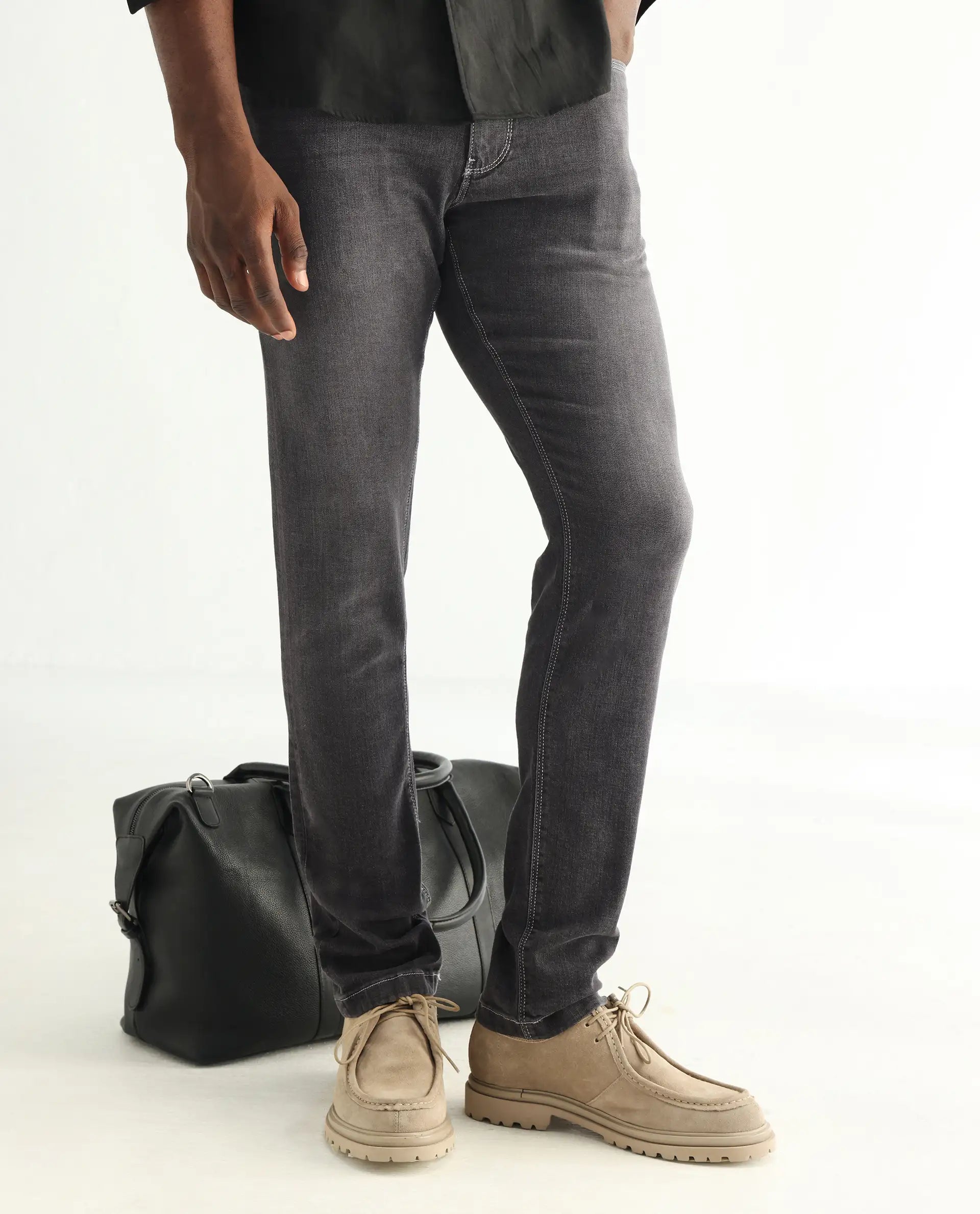 Rare Rabbit Men's Celebi Grey Cotton Plain Hawk Slim Fit Jeans